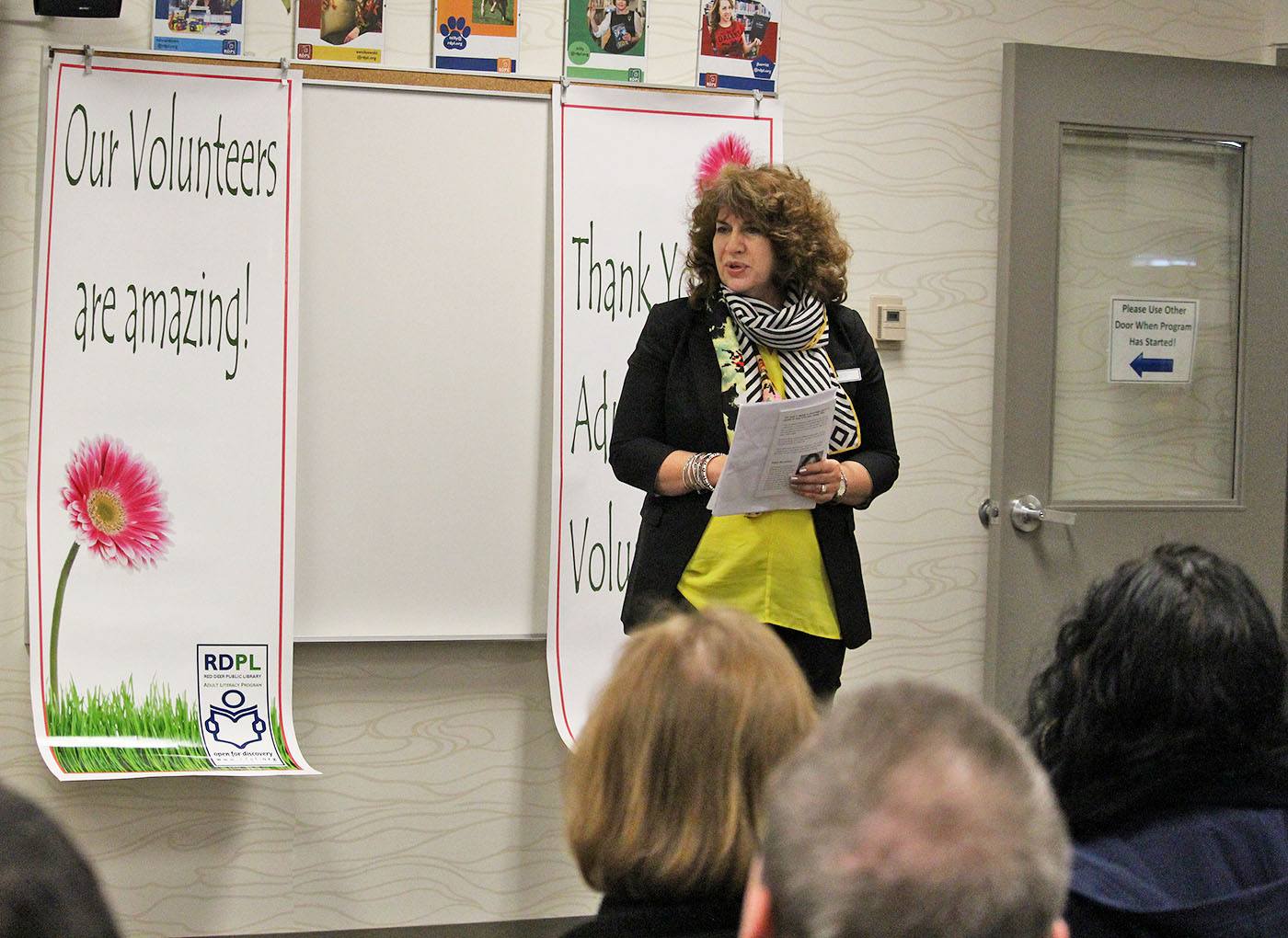 LITERACY CHAT - Red Deer City Councillor Dianne Wyntjes discussed the importance of literacy at the Appreciation Night for Volunteers at the Dawe Branch last week.