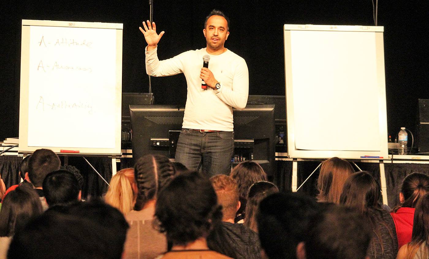 INSPIRING - Author Neil Pasricha gave a talk to about 700 Grade 8 students from across Red Deer last week on his advice for happiness and living a stress-free life.