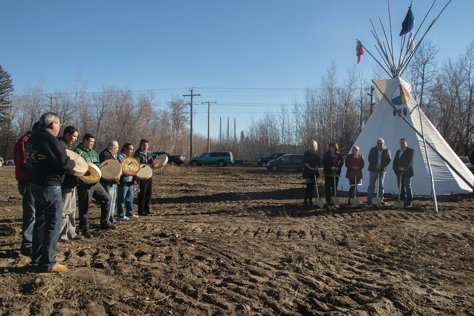 CELEBRATING - Celebratory drum songs were played by members of the Red Deer Native Friendship Society during the official groundbreaking of the first phase of the Asooahum Crossing Project. Various community members and dignitaries gathered to celebrate the event last week.