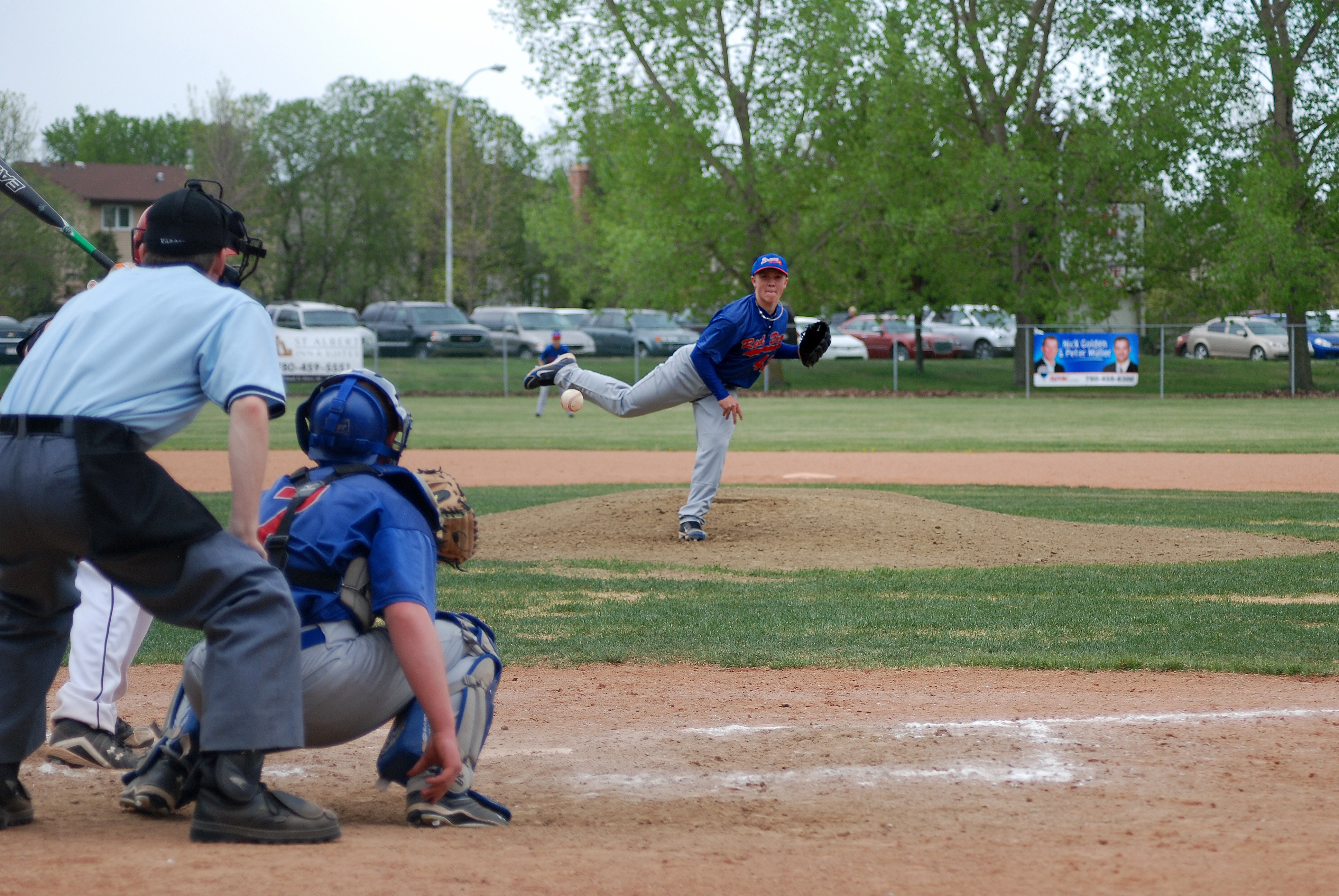 HARD THROW - Riley Guntrip of Red Deer’s Bantam Braves makes a pitch during their game in Spruce Grove this weekend. Red Deer walked away with a 6-5 win over Spruce Grove.