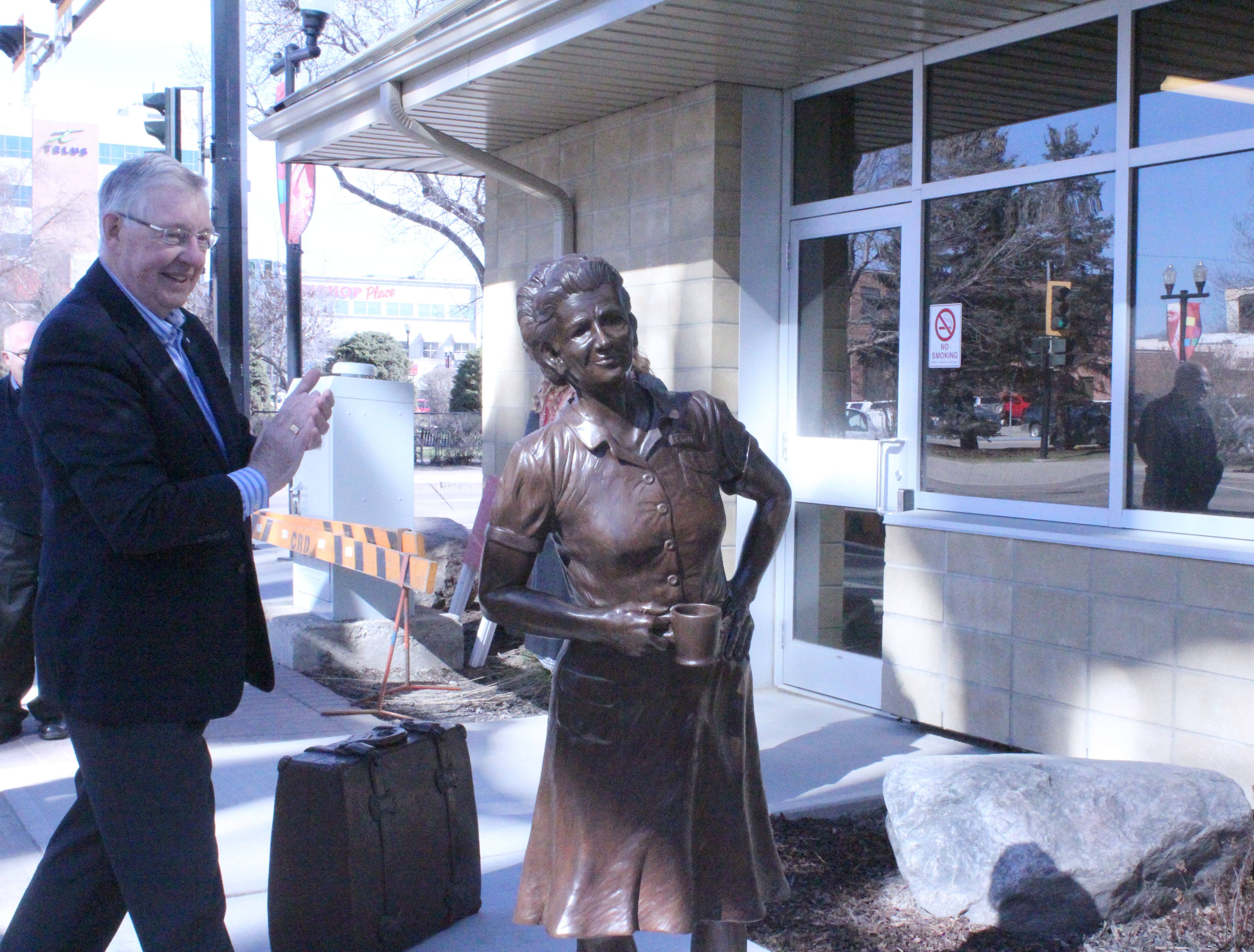 UNVEILING- Mayor Morris Flewwelling unveils the 10th bronze ghost in Red Deer. This sculpture captures the likeness of Julietta Sorensen who was instrumental in bringing a transit system to Red Deer.