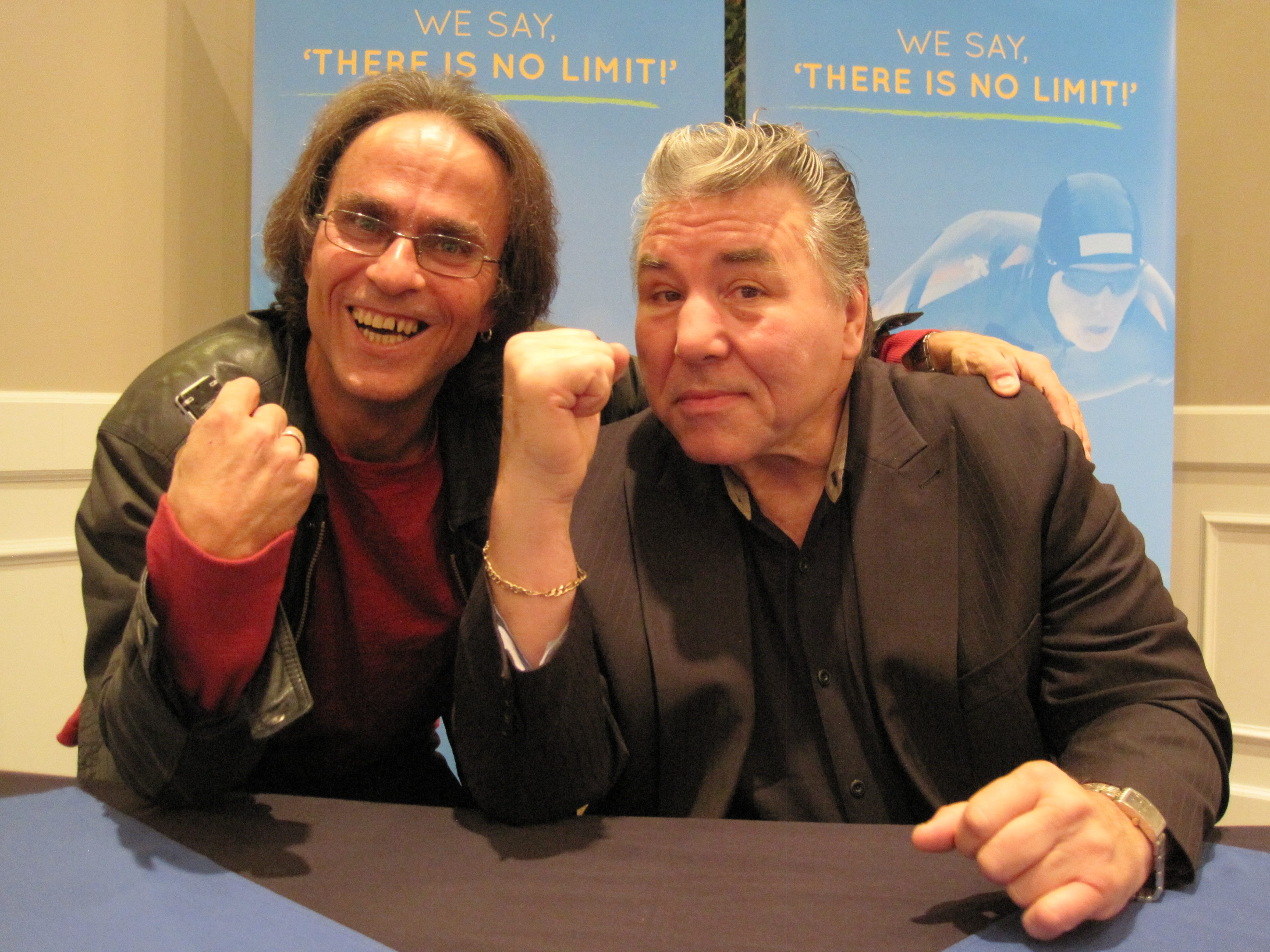 INSPIRATIONAL – Red Deer Express editor Johnnie Bachusky (left) and boxing legend George Chuvalo meet Thursday morning at the 7th Annual Breakfast of Champions at the Red Deer Lodge. Chuvalo was a special guest and speaker invited by the Alberta Sport Development Centre. Photo contributed.