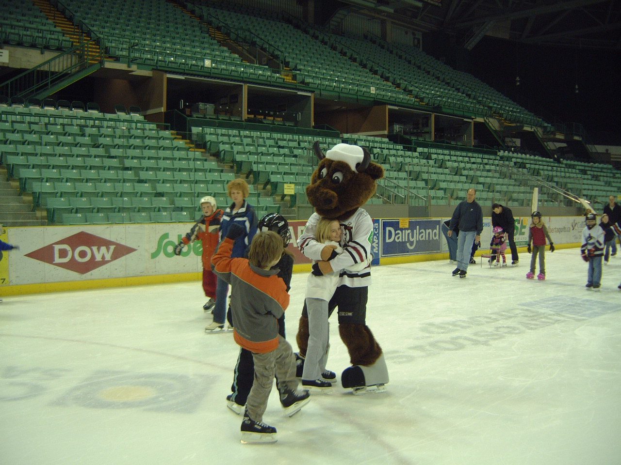 HOCKEY HISTORY - The Red Deer Rebels mascot with young fans during a family skate at the Westerner’s Centrium.