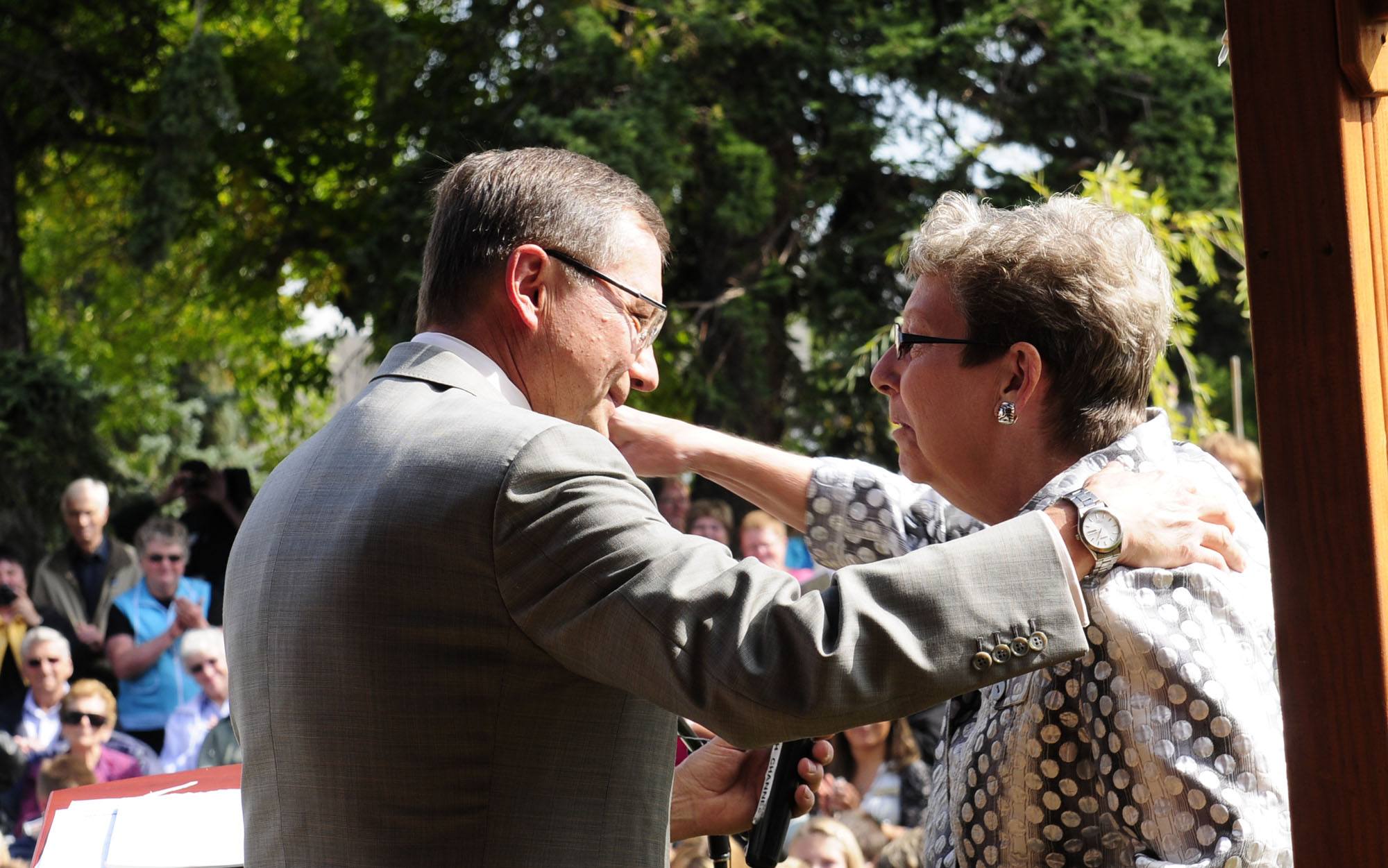 CELEBRATION - Alberta Premier Ed Stelmach and Lacombe Mayor Judy Gordon celebrate Tuesday as Lacombe becomes a city.