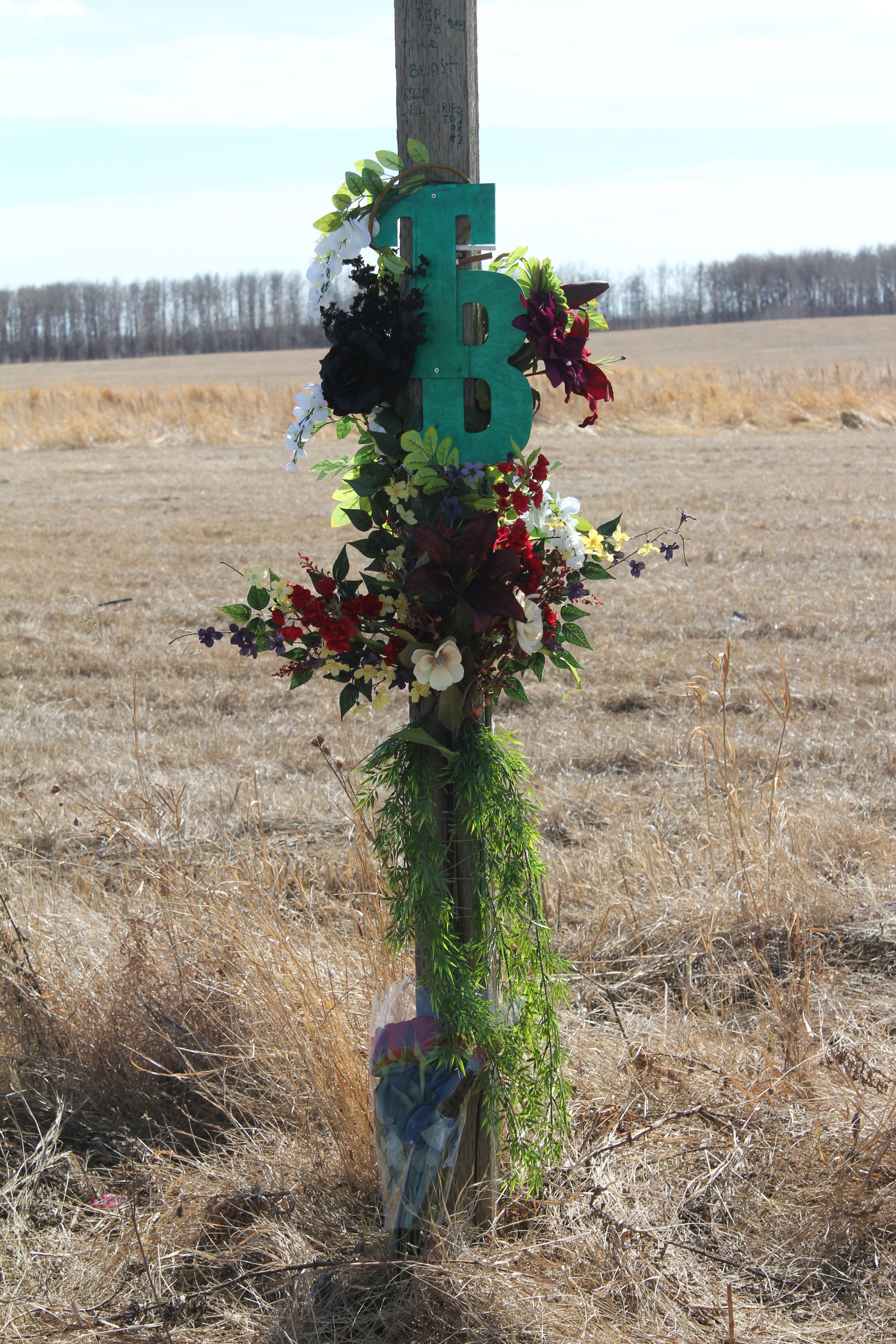 TRAGIC – A memorial has been set up at the site on Hwy. 11A where Colton Keeler