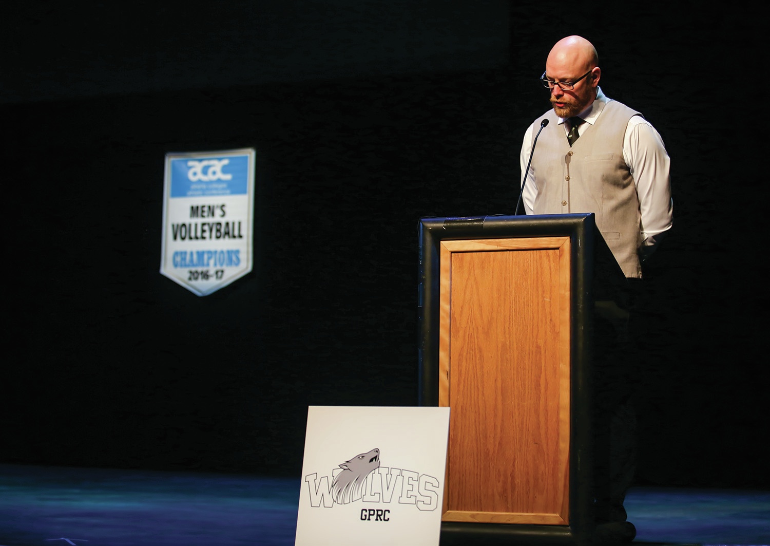 GEARING UP - Emcee PJ Swales announced the names of the ACAC South All-Conference team during the ACAC Men’s Volleyball awards presentations at the Arts Centre on Wednesday morning. The RDC Kings are set to host the annual provincial championships this weekend.