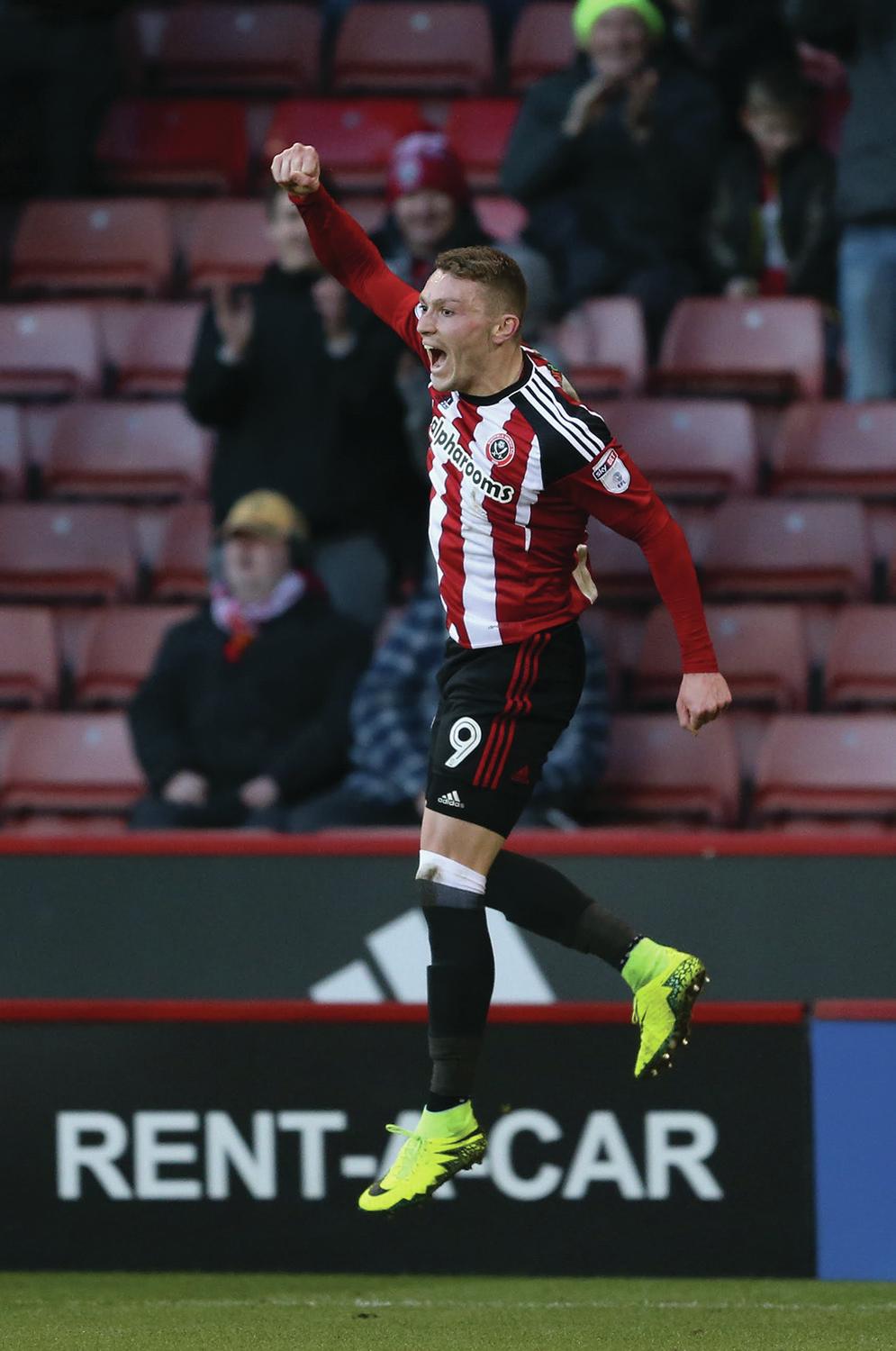 CELEBRATION - Red Deer native Caolan Lavery of Sheffield United celebrates his goal during the English League One match at Bramall Lane Stadium