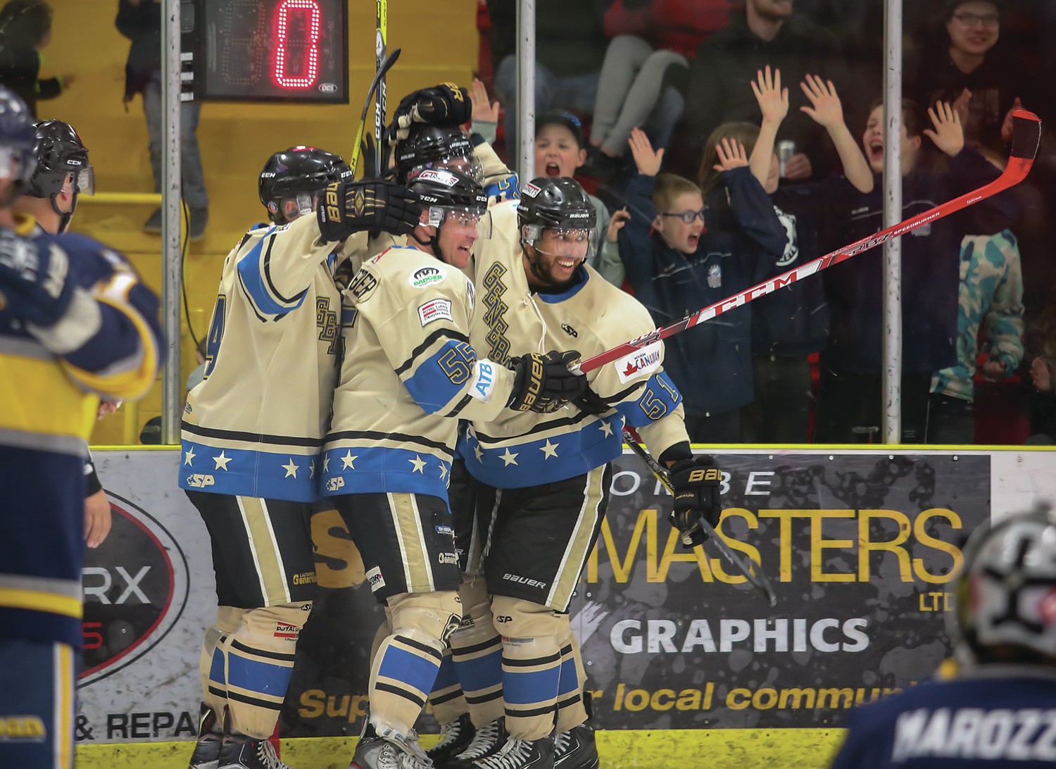 NEW BRUNSWICK AHOY - Members of the Lacombe Generals celebrated a second period goal during Game 5 of the Chinook Hockey League final against the Stony Plain Eagles at the Gary Moe Auto Group Sportsplex in Lacombe on Friday. The Generals won both of their weekend games to clinch the ChHL championship and book a trip to the Allan Cup tournament next month.