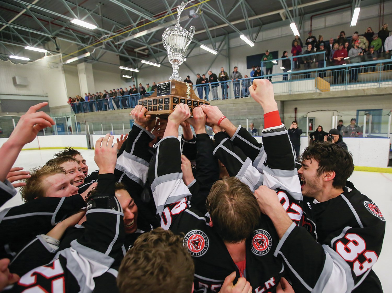 CHAMPS - The Red Deer Vipers celebrated after winning the Heritage Junior B Hockey League championship with a 4-3 triple overtime victory over the Cochrane Generals during game four of the HJHL League final at the Collicutt Centre Thursday night.