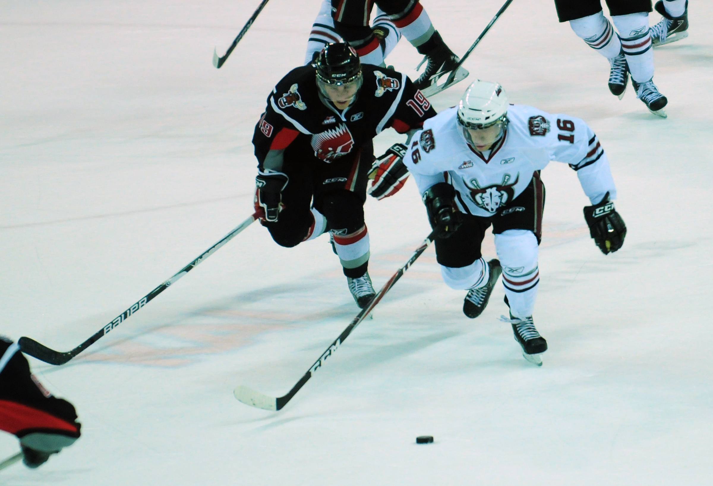 Red Deer Rebel Tyson Ness takes control of the puck during WHL action Friday night against Moose Jaw. The Rebels won 8-1.