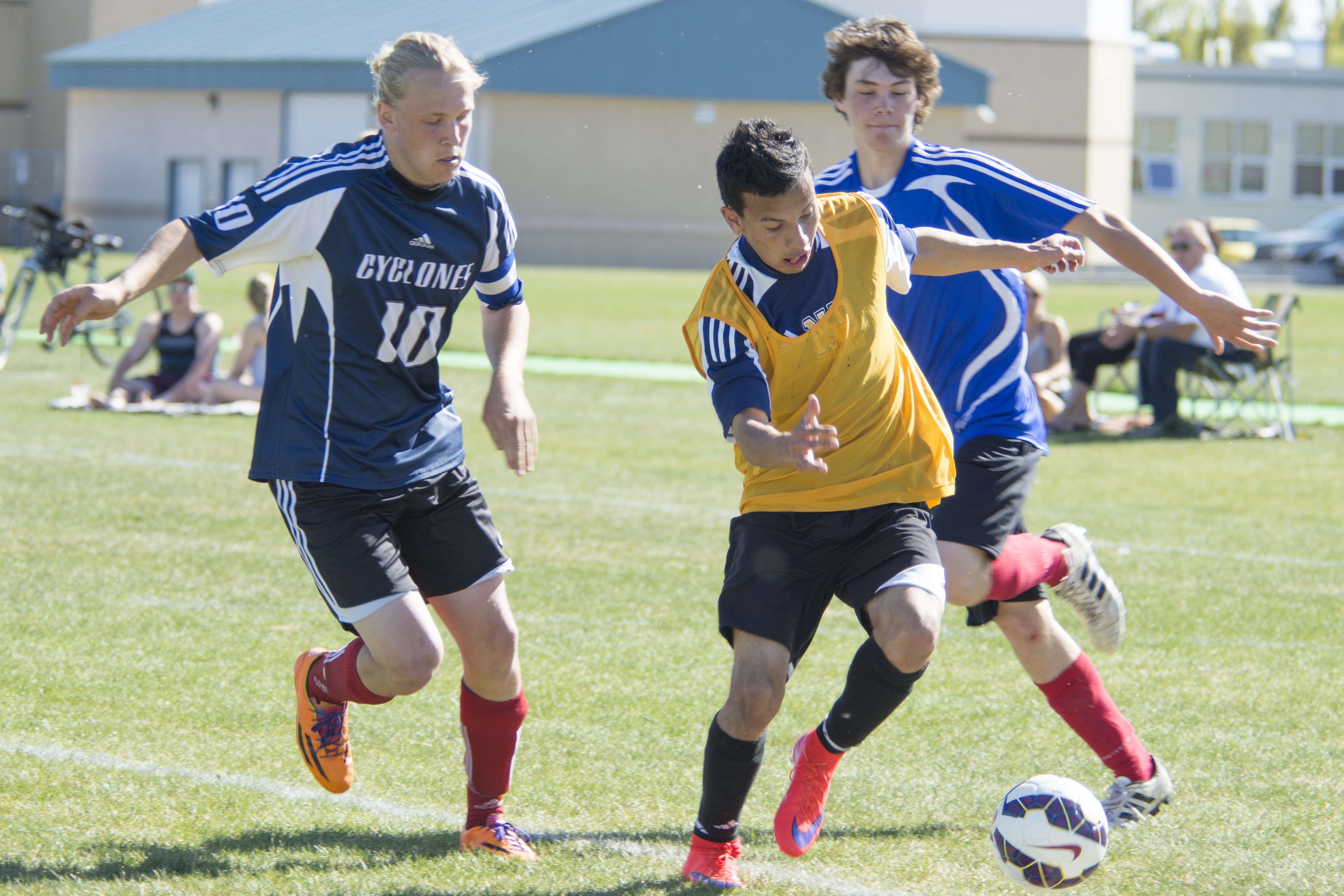 BIG WIN – Notre Dame Cougar Jerson Paez pushes the ball up the field during a match up against the Innisfail Cyclones last Friday.