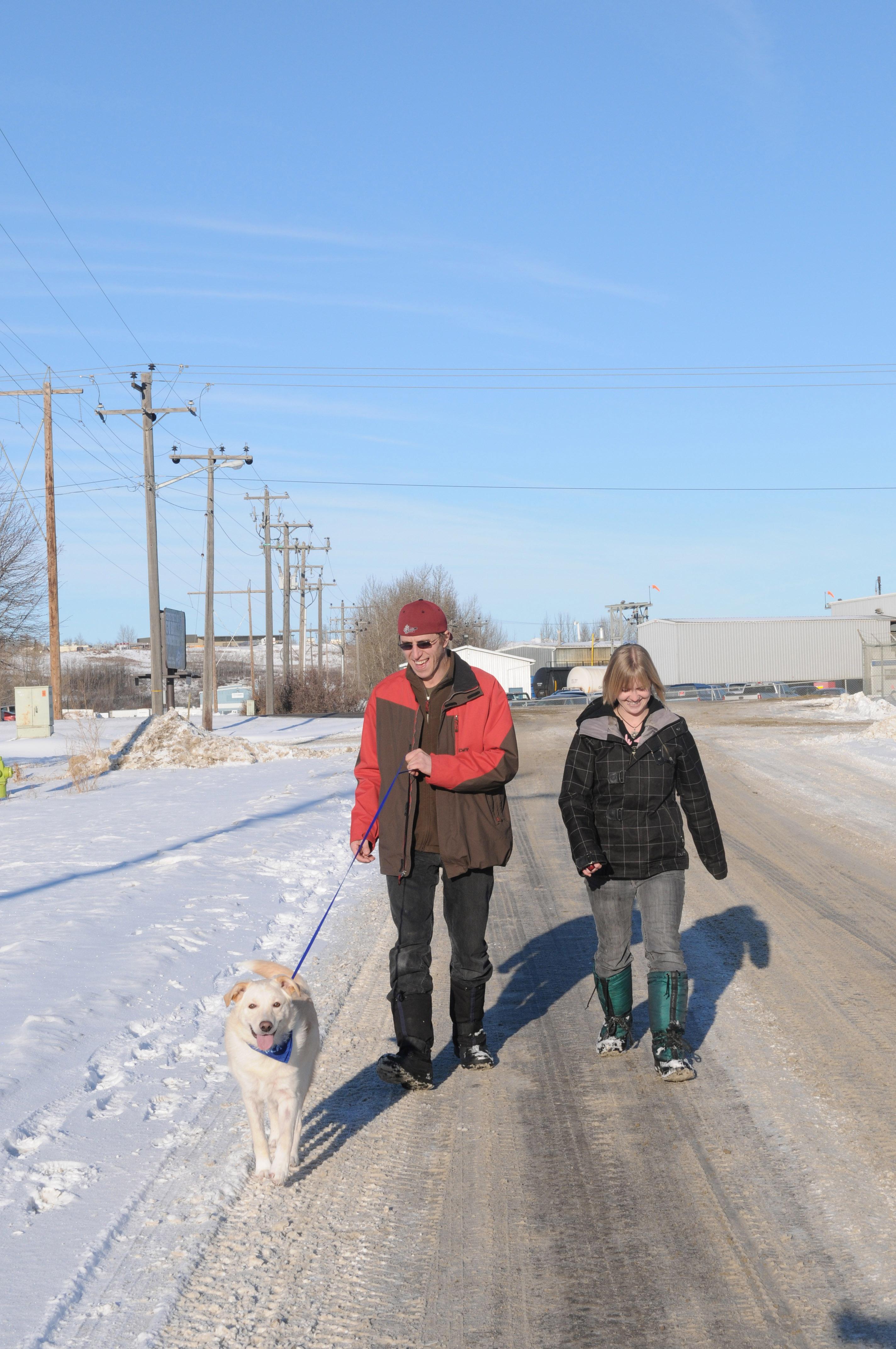 WINTER WALK- SPCA volunteers Kristie Tulp and Kevin take Jill the Labrador for a jaunt along the trails.