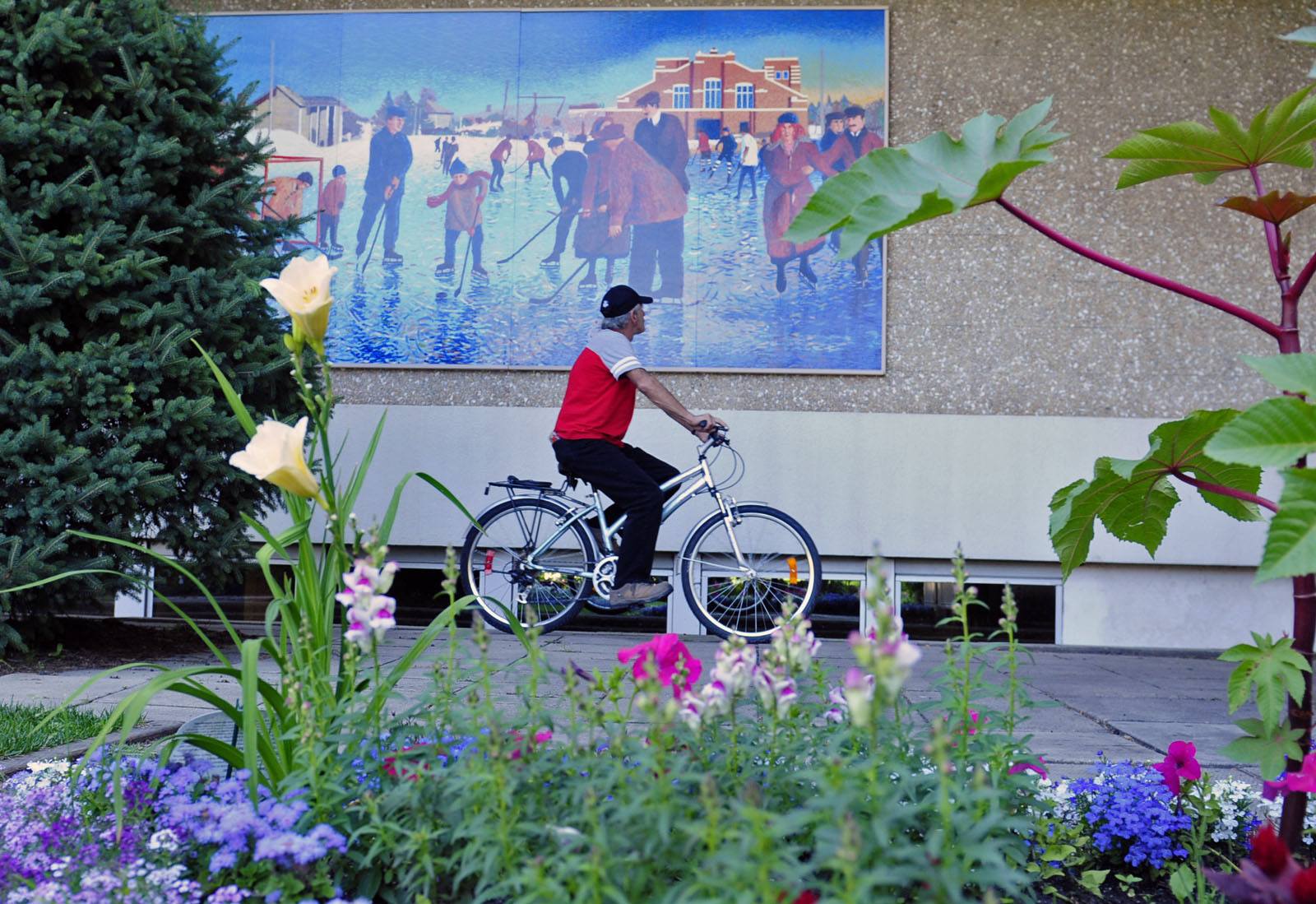 Gilles Rousseau takes a ride past a winter painting in City Hall Park