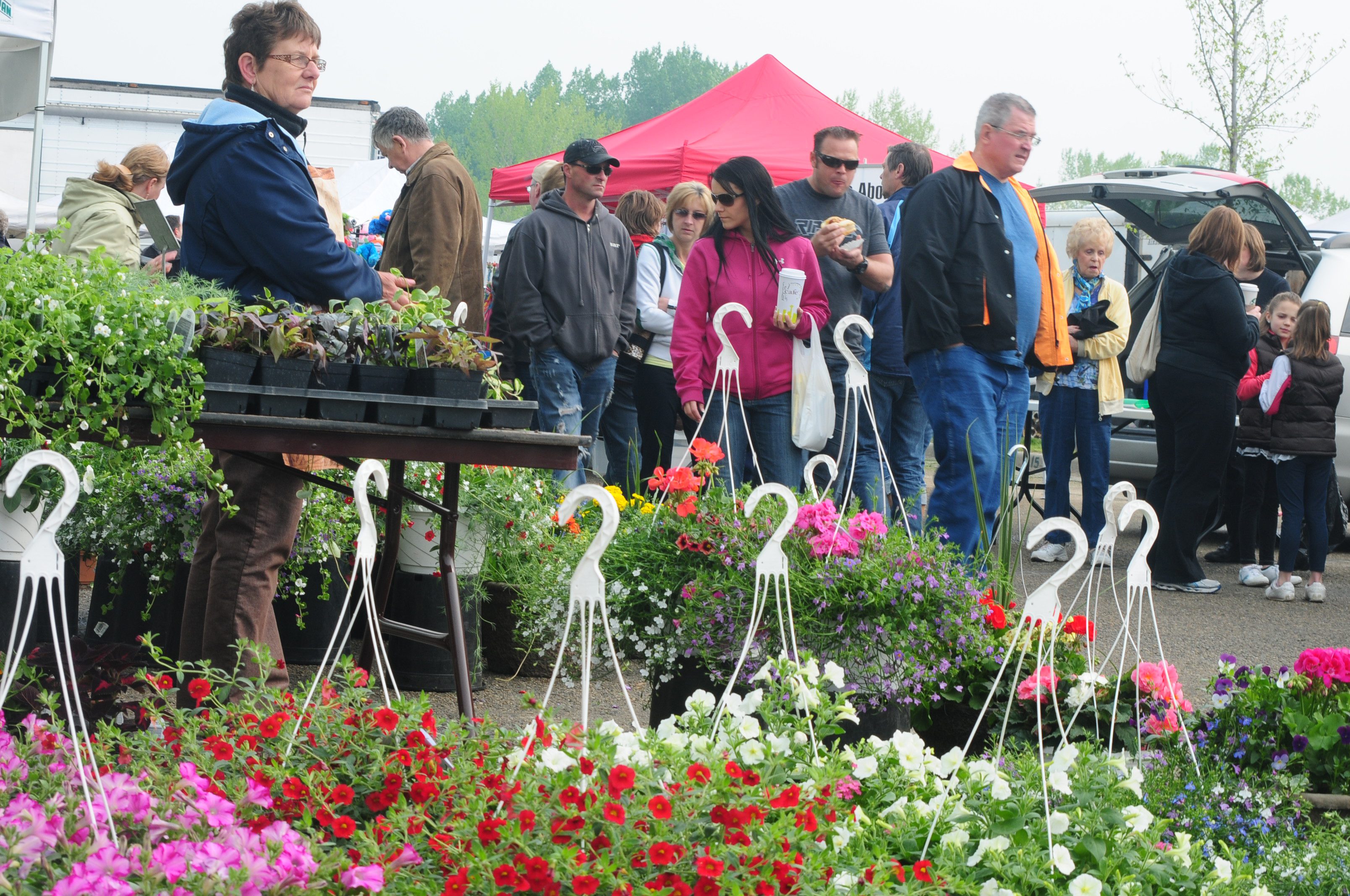COLOURFUL- A beautiful display of hanging baskets along with other flowers were on display at the Red Deer Public Market this past weekend where many Red Deerians flocked to get a taste of fresh grown products and hand made items.