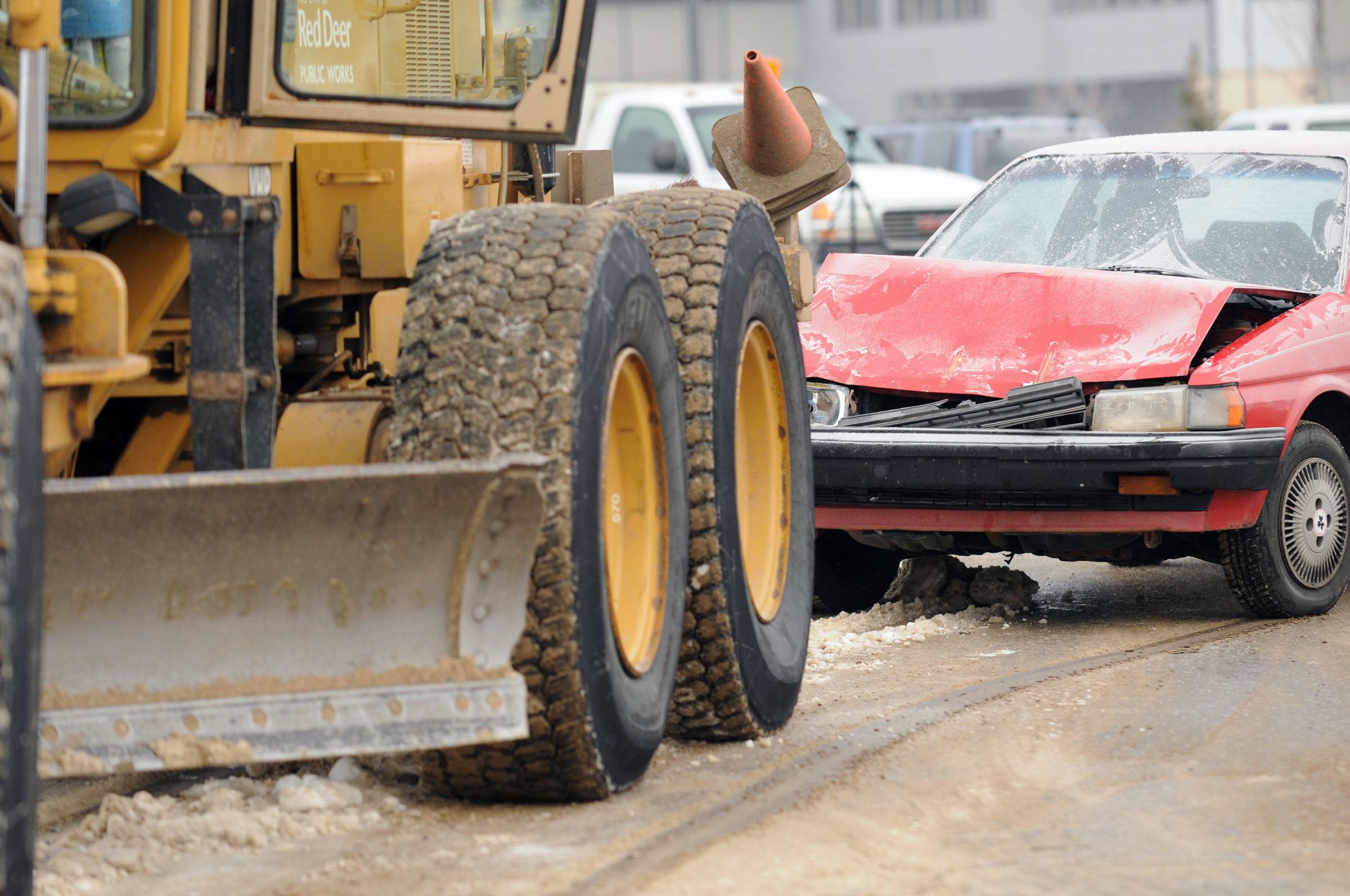 DEMO OR DEMOLITION- The City of Red Deer held a demonstration Thursday morning about what happens when a grater cannot see a passing or parked vehicle. Red Deerians are reminded to drive carefully around snow removal equipment