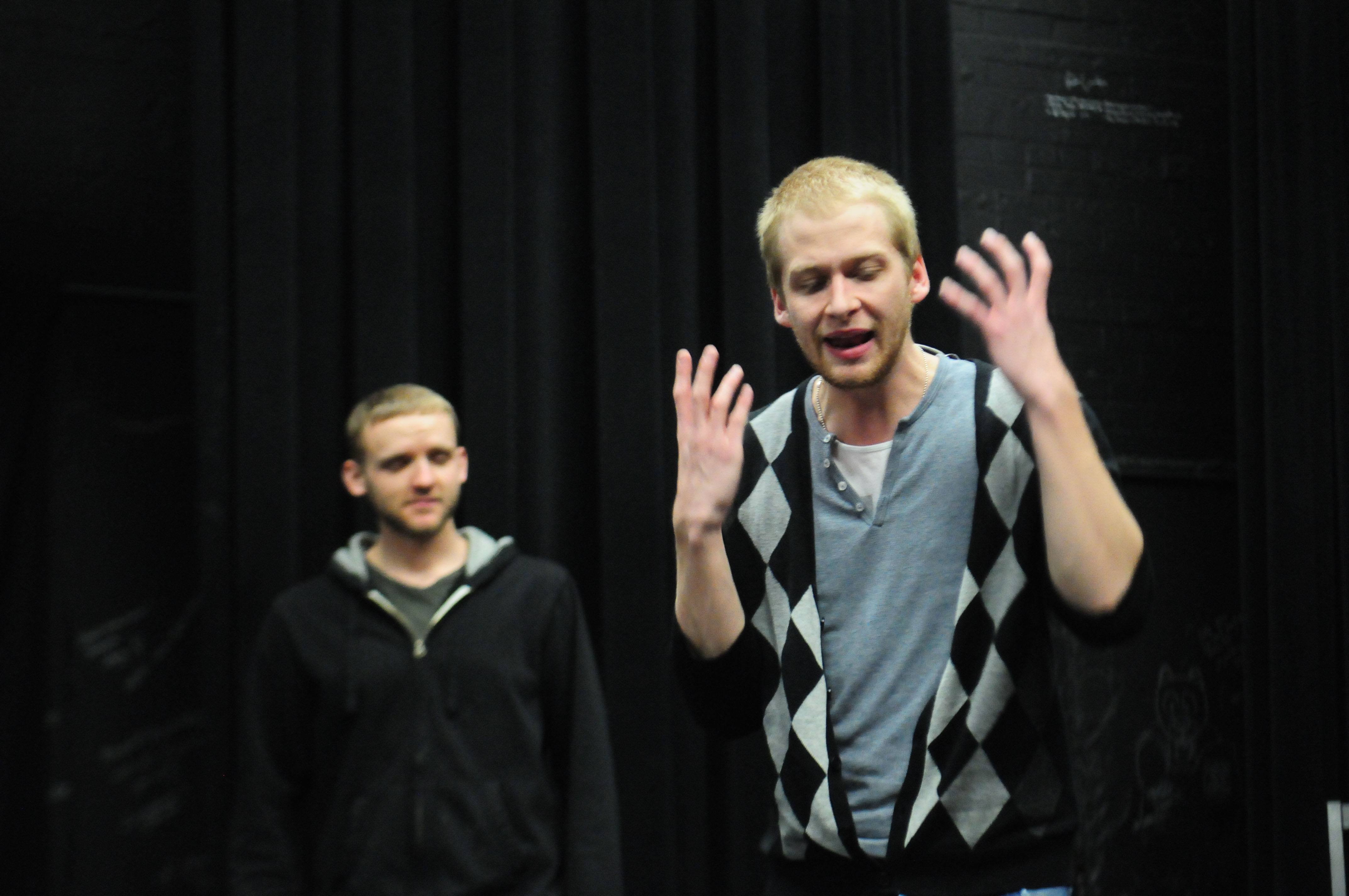 WORKING IT OUT- Ryan Mattila and Chad Pitura rehearse a scene from Ignition Theatre’s Dog Sees God: Confessions of a Teenage Blockhead. The play is currently running at The Matchbox.