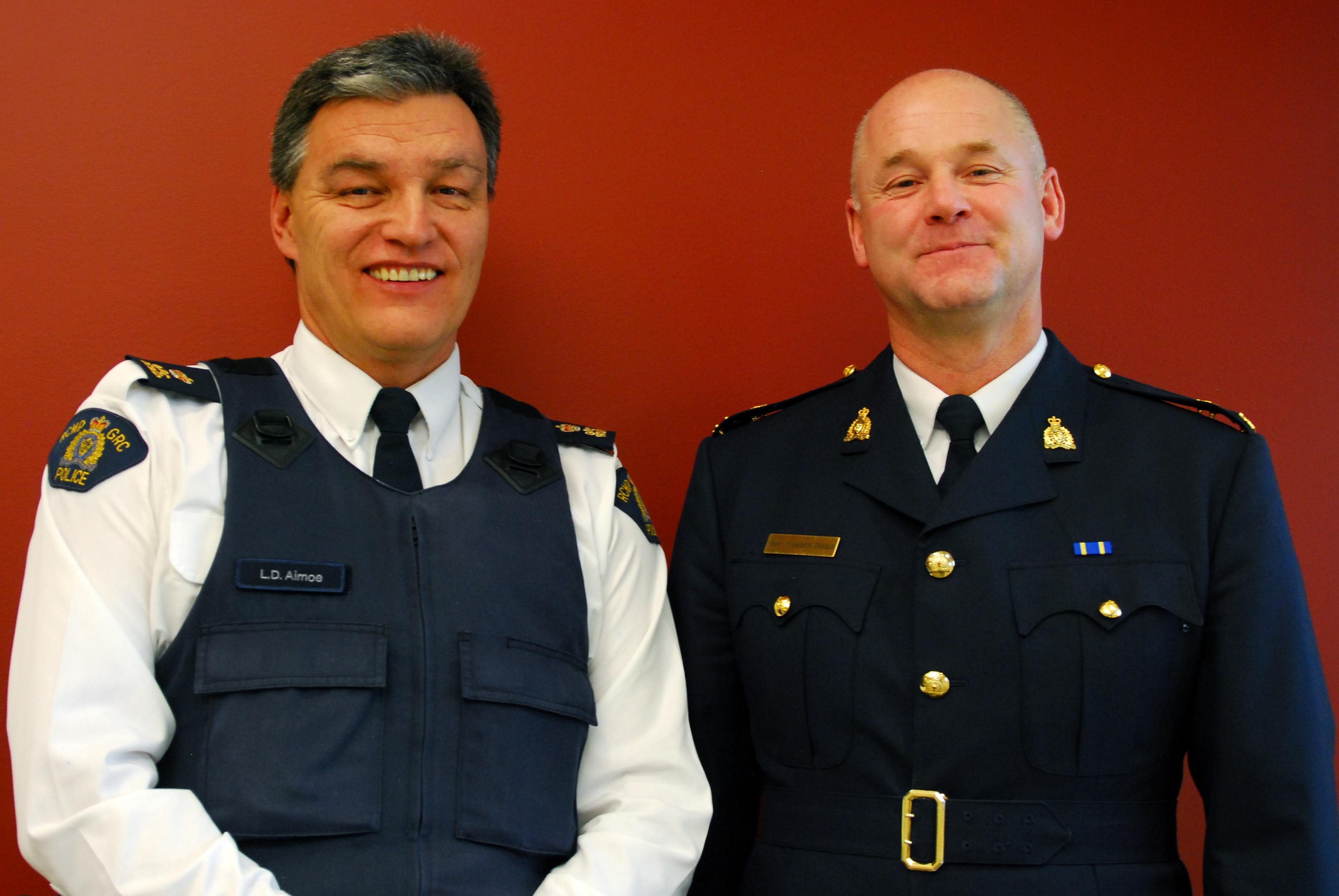 DYNAMIC DUO- RCMP Insp. Lawrence Aimoe and new Superintendant Warren Dosko stand together after discussing their ideas and views on policing in Red Deer.