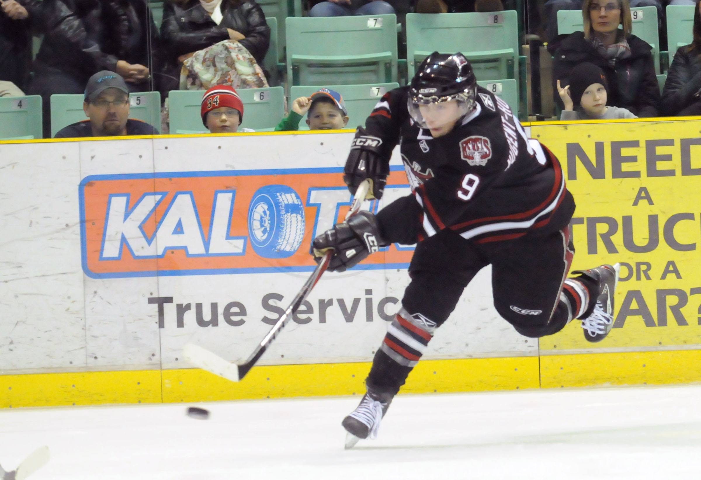 SLAP SHOT- Red Deer Rebel Ryan Nugent-Hopkins attempts a slap shot during Friday nights game against the Prince Albert Raiders. The Rebels won 3-0 and are up against the Brandon Wheat Kings Saturday night. Puck drops at 7:30 p.m.