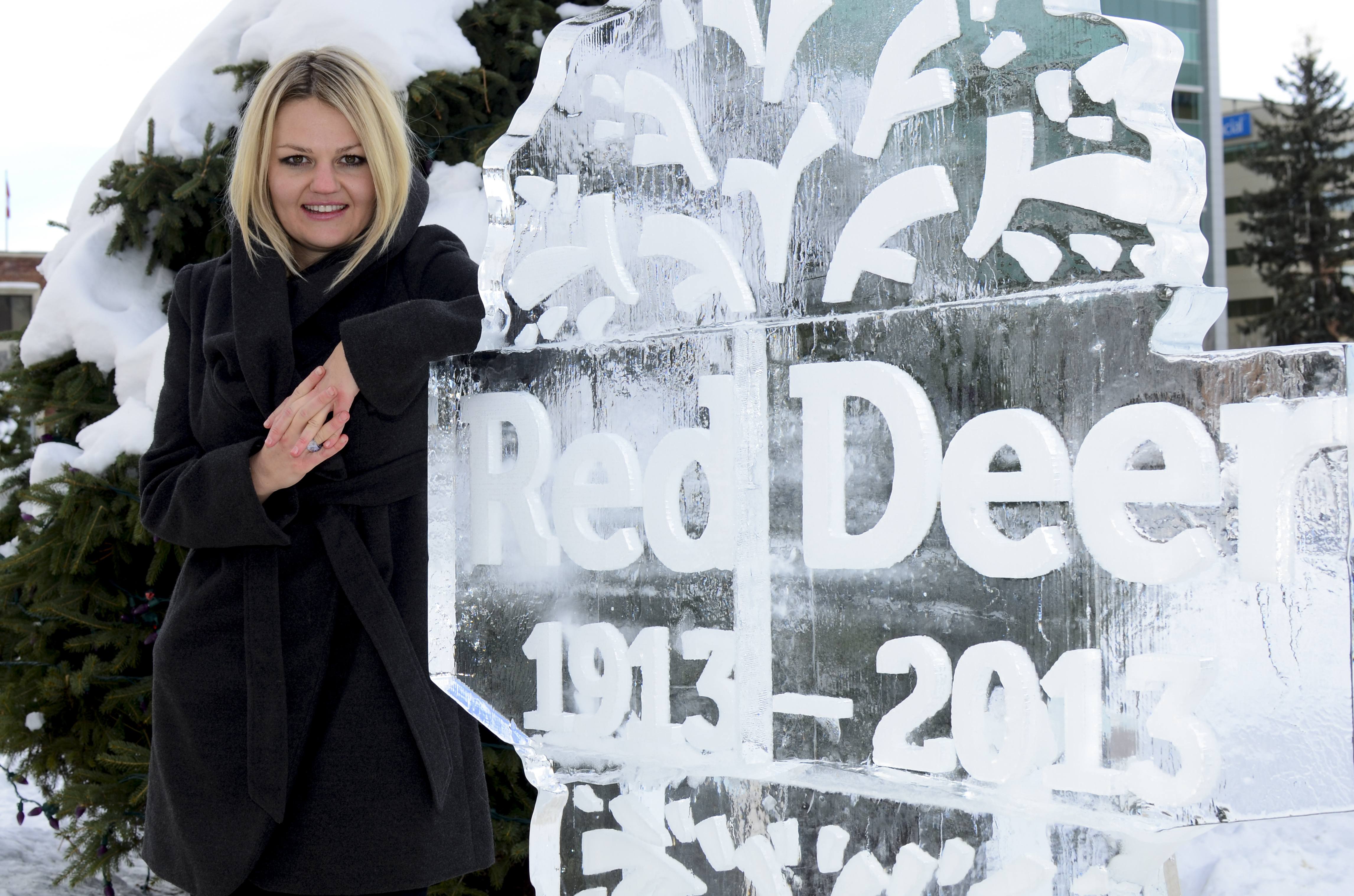 NEW YEAR - Mayor Tara Veer poses besides an ice sculpture located in City Hall Park. She discusses last year’s accomplishments and challenges and also looks to what’s coming up in 2014.