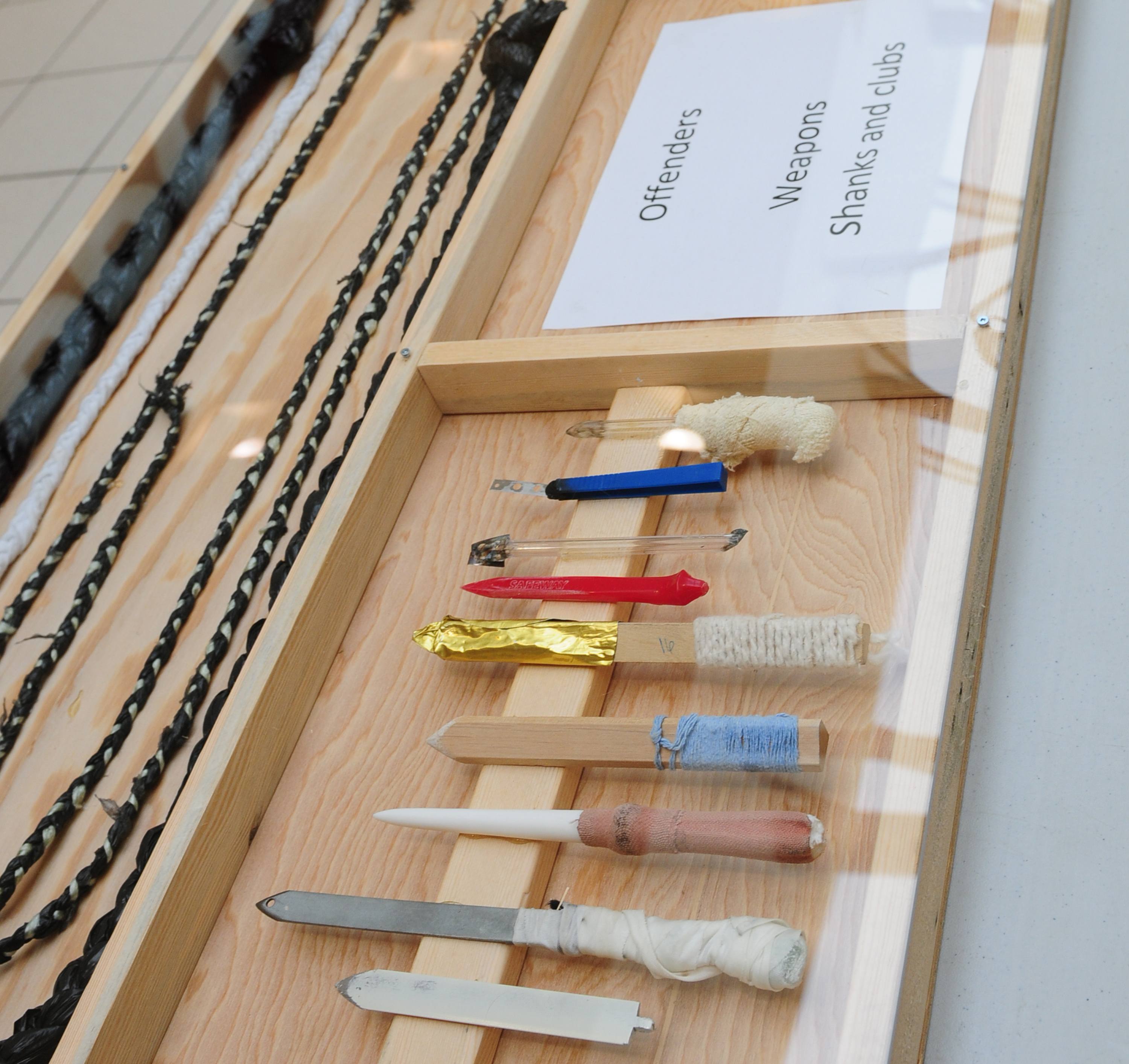 HAND MADE- A few of the weapons that were confiscated from people who have tried to smuggle them into the Red Deer Remand Centre were on display at the Bower Mall as well as probation programming displays Monday morning.