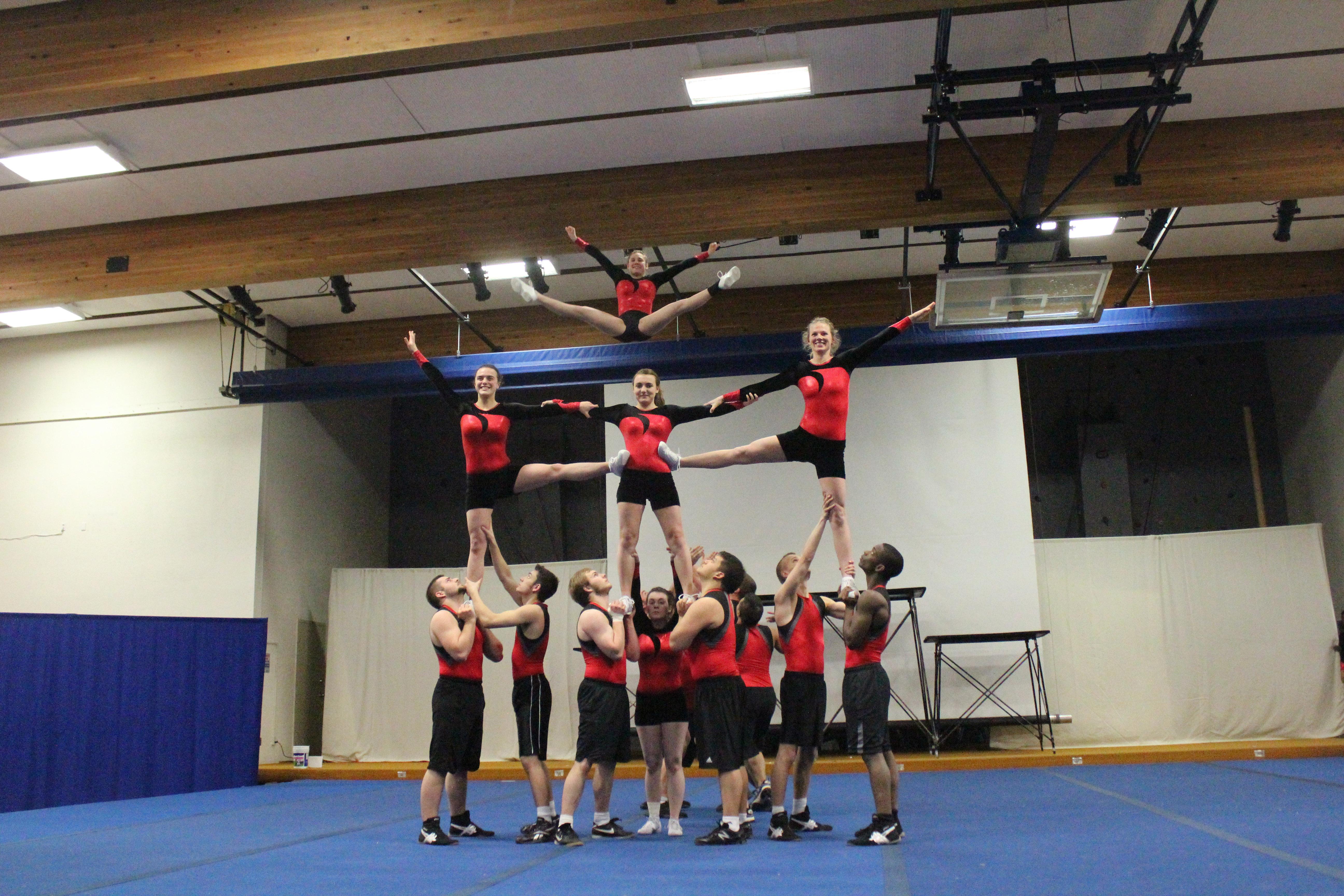 TEAMWORK- The Acronaires team from Canadian University College show off their tricks during an evening practice at their local fitness centre on campus.