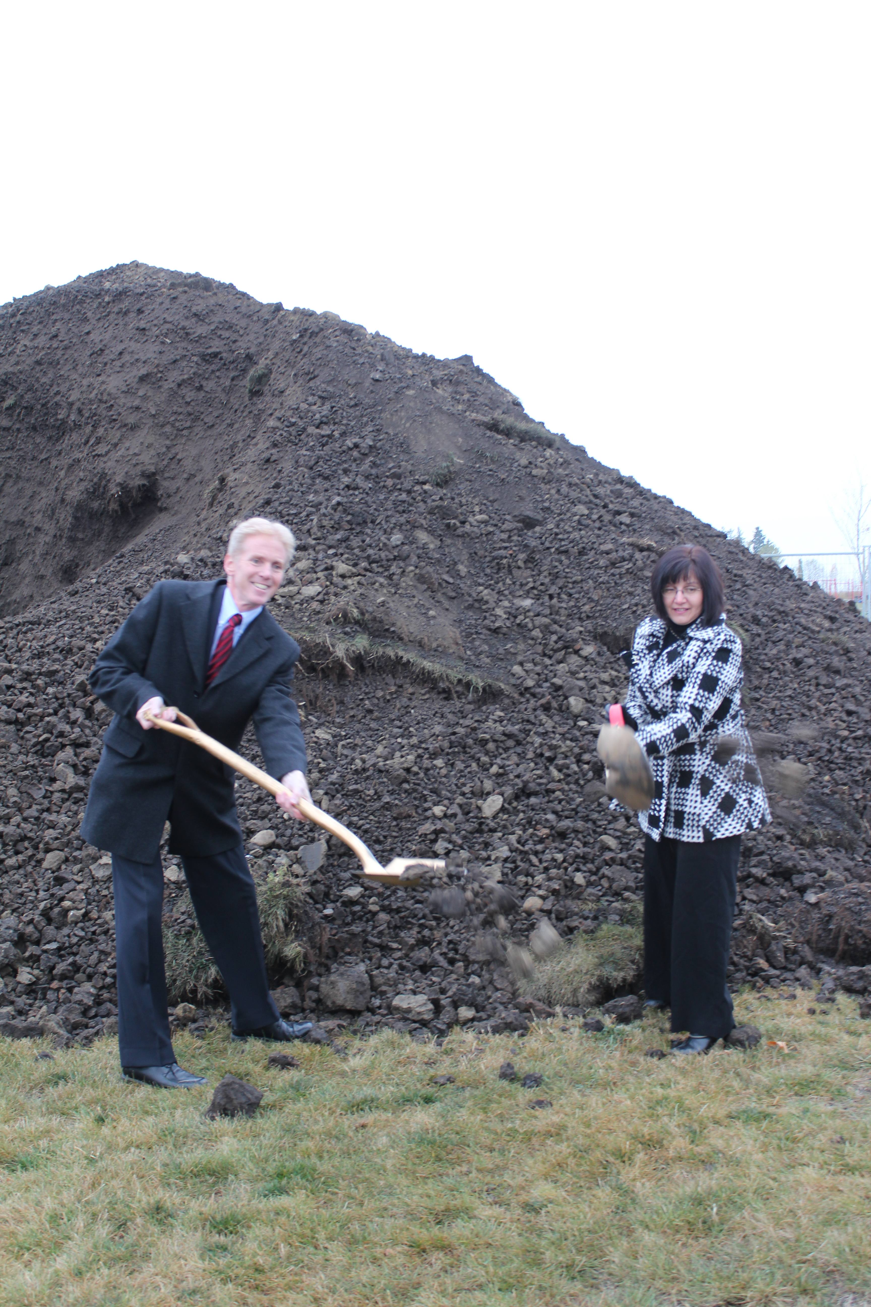 GOLDEN SHOVELS - Superintendent of Red Deer Catholic Regional Schools Paul Mason and Chair of the Board of Trustees Adriana Lagrange participate in the sod turning ceremony for the new Catholic elementary school in Clearview Ridge.