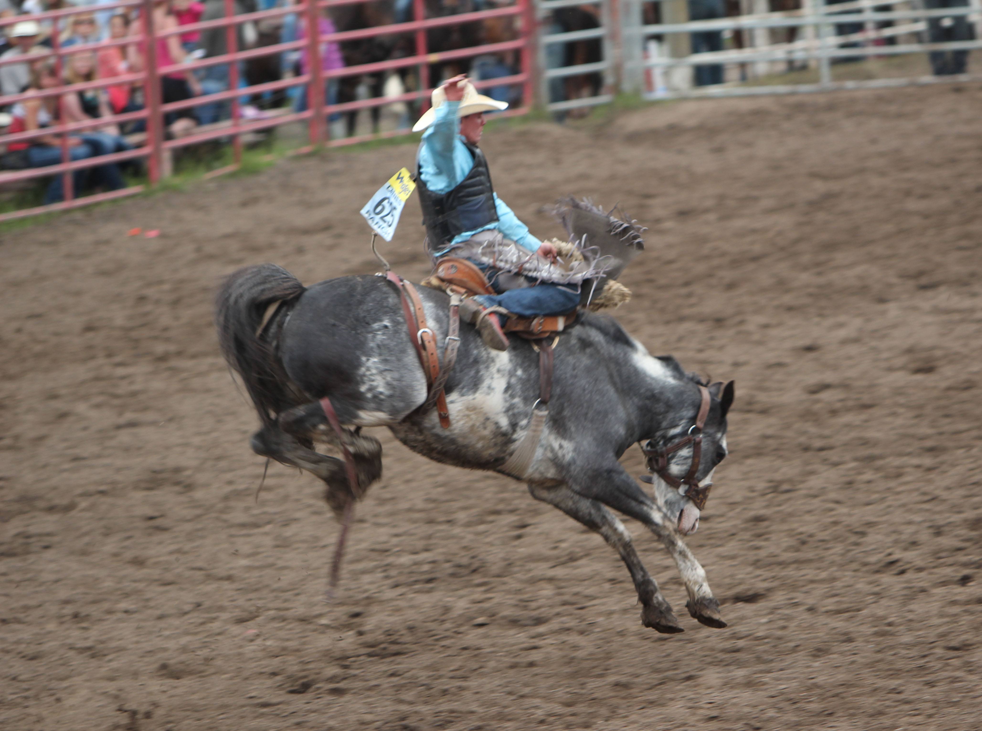 RIDE 'EM - Chad Thomson from Black Diamond participated in the saddle bronc category at this year's Daines Ranch Pro Rodeo which was held last weekend.