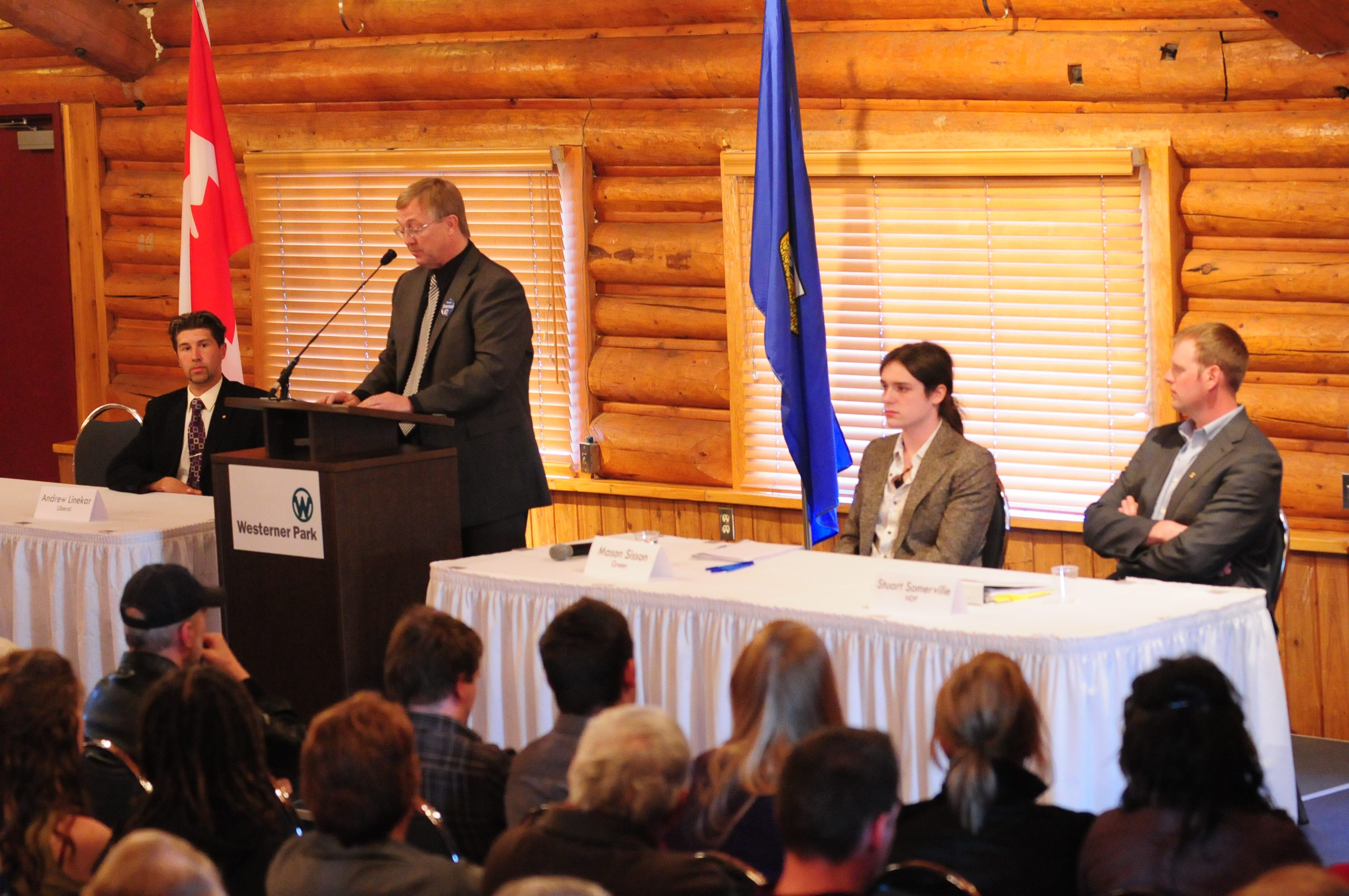 COLLECTING SUPPORT- Candidates for the upcoming election on May 2 spoke Monday night at a forum at the Chalet at the Westerner to answer questions from the media and the public. From left is Andrew Lineker (Liberals)