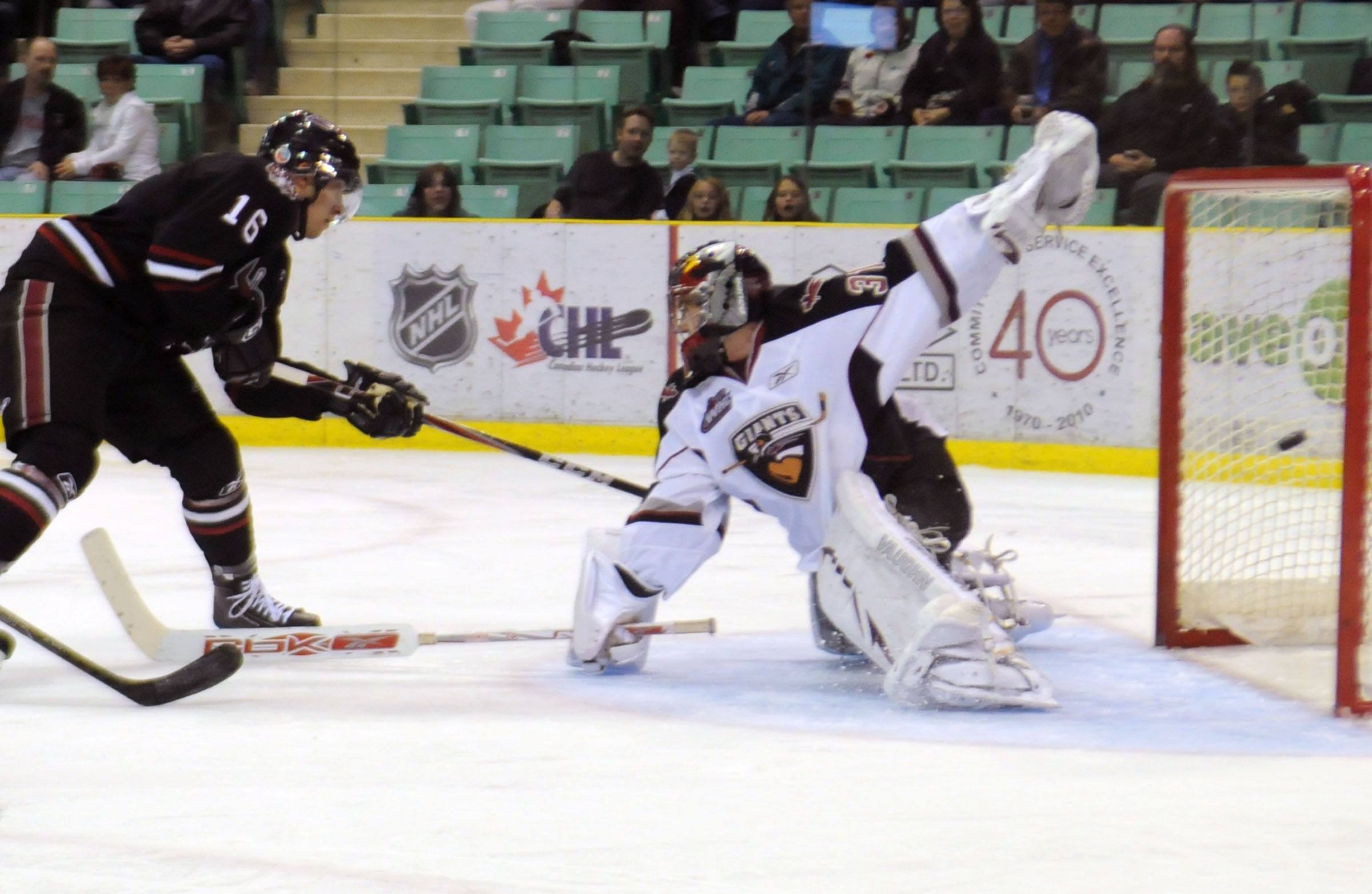 GOAL- Red Deer Rebel Andrej Kudrna scores a goal during WHL action Friday night against the Vancouver Giants. The Rebels won 5-2 and will be up against Saskatoon tonight at 7:30 p.m.