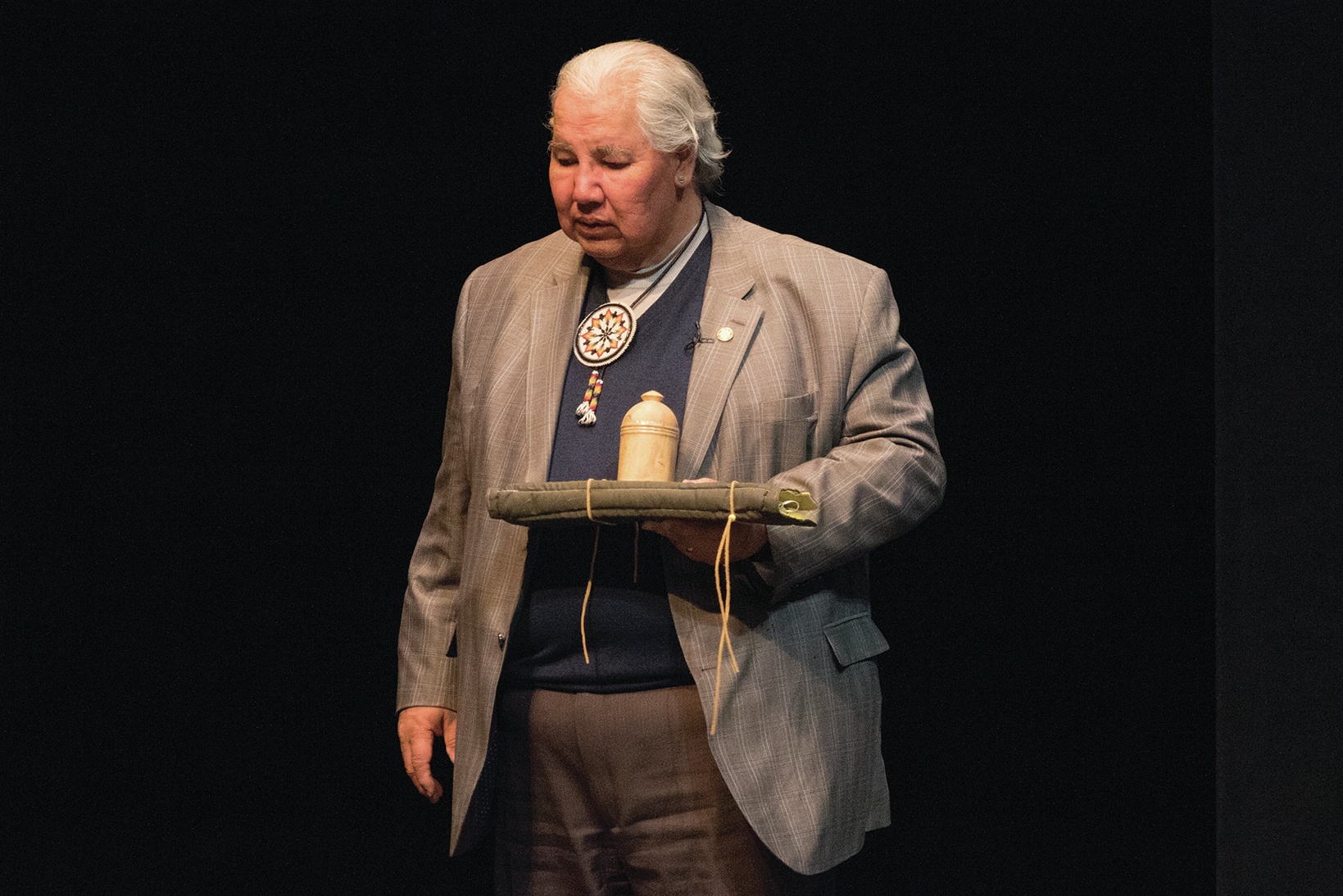 SPECIAL VISIT - Justice Murray Sinclair bowed his head after his presentation at the Red Deer College