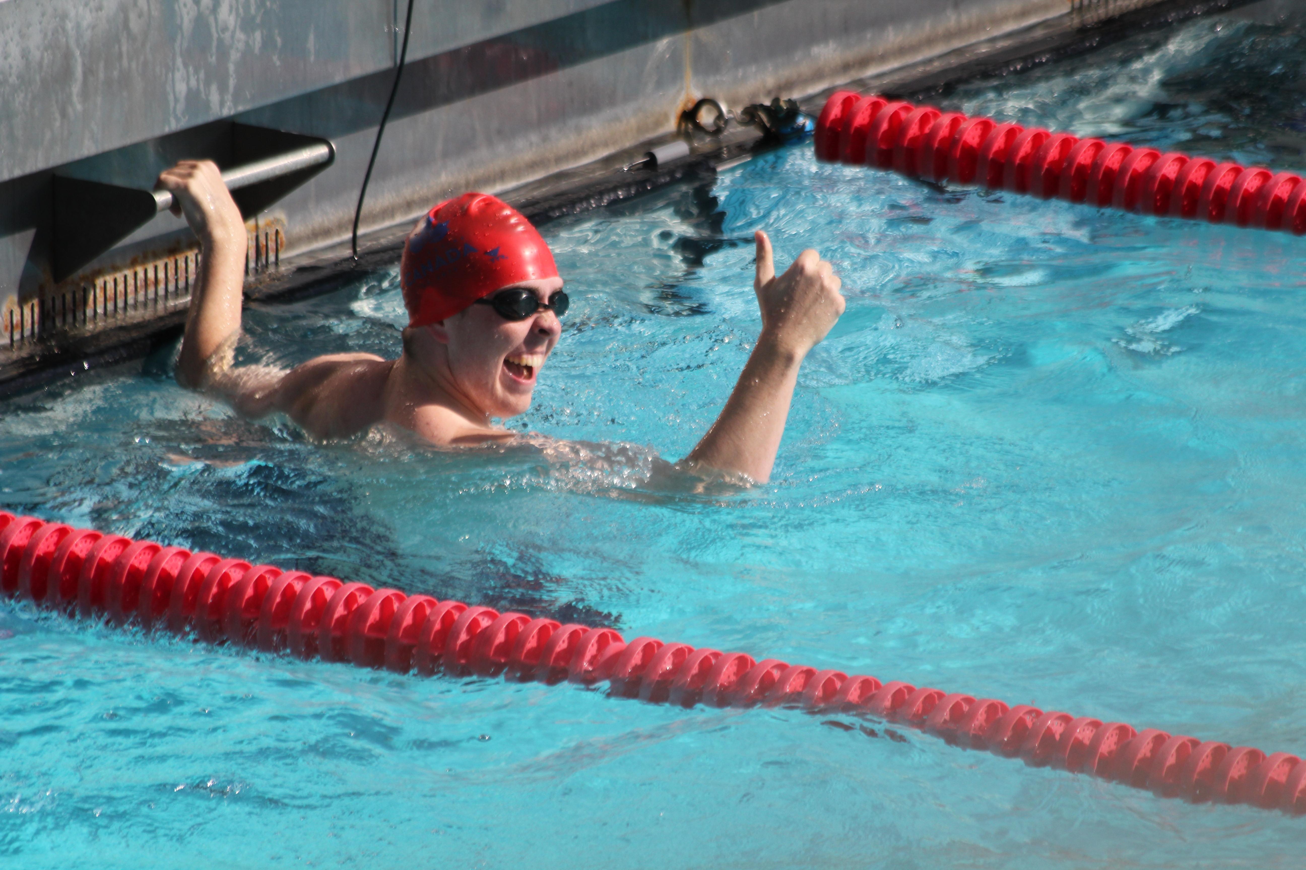 BIG WIN – Elliott Moskowy celebrates after one of his wins during the 2015 Special Olympics World Summer Games in Los Angeles.