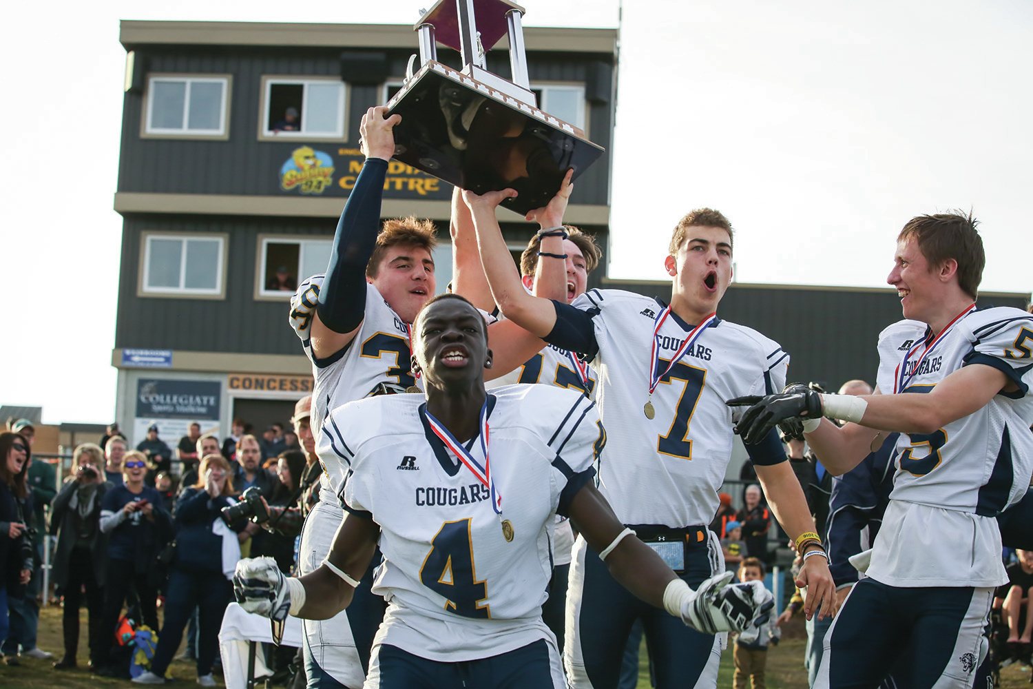 CHAMPS - The Notre Dame High School Cougars hoisted the Red Deer City title after defeating their rival Hunting Hills High School Lightning 39-15 in the Red Deer High School Football City championship at MEGlobal Athletic Park on Saturday afternoon.