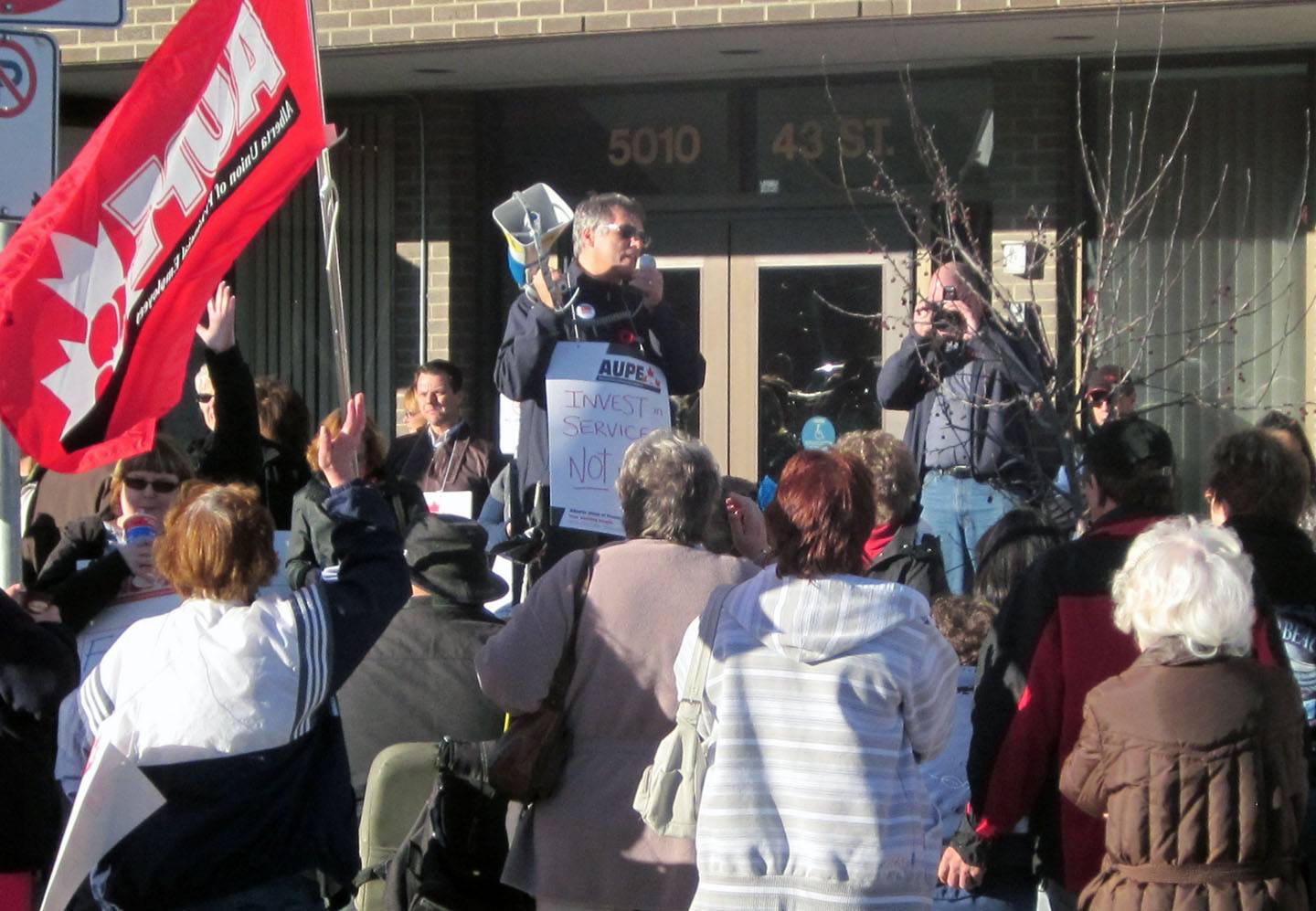 SPEAKING OUT- Protestors gathered outside the 5010 Building on 43 St. Wednesday to show their support for Valley Park Manor to remain open.