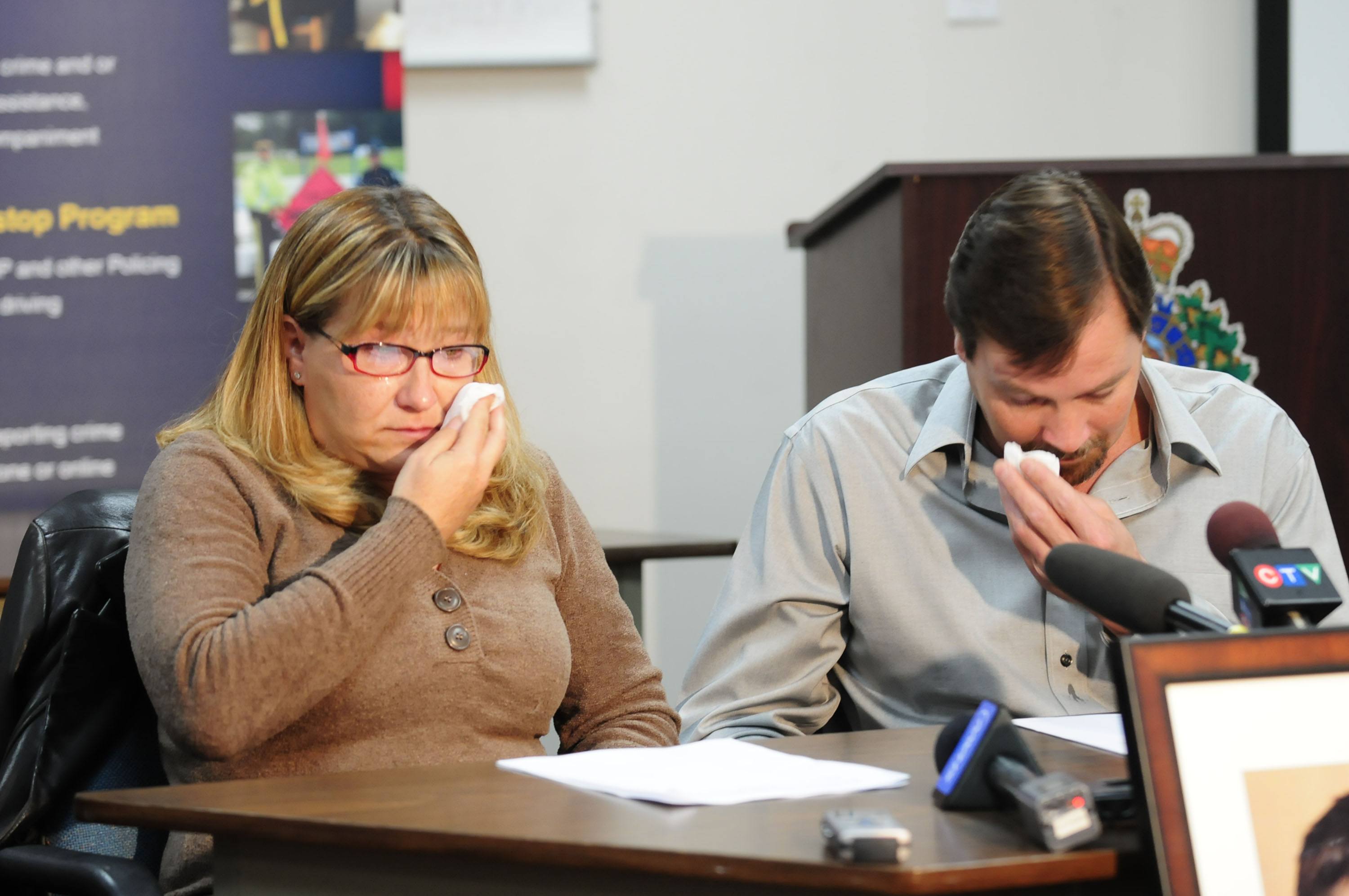 SEEKING ANSWERS- Tammy Raymond (left) and Kimbal Raymond made a public plea for help in the death of their 17-year-old son Logan at a press conference held Tuesday. Logan’s body was found on Aug. 12 on the side of Hwy. 2A.