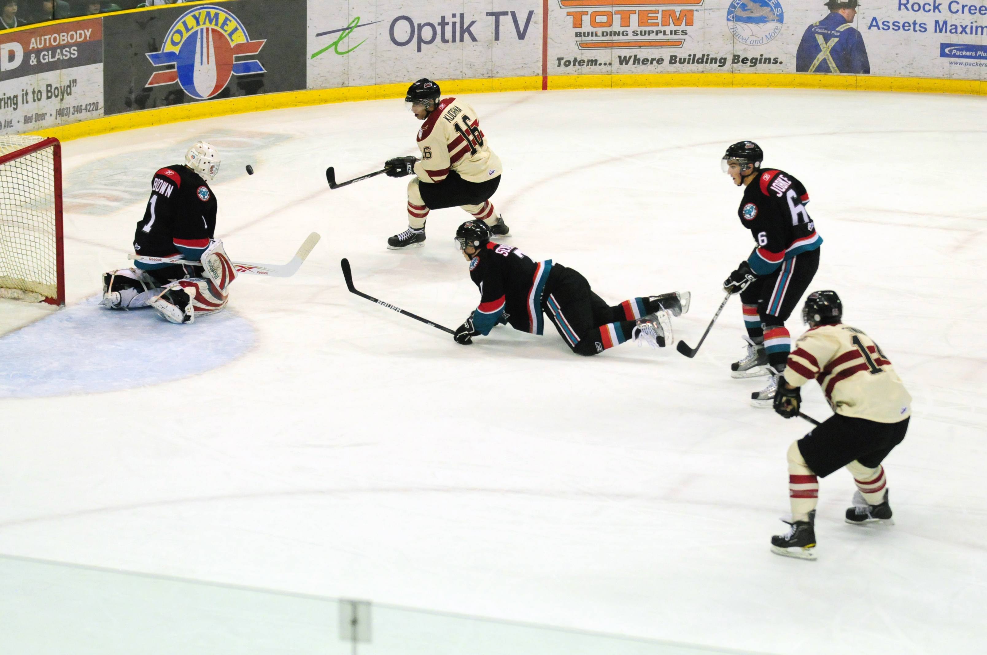 GOAL -Red Deer Rebel Andrej Kudrna scores a goal during a recent game at the Westerner. The Rebels play this Friday against Medicine Hat. The puck drops at 7:30 p.m.