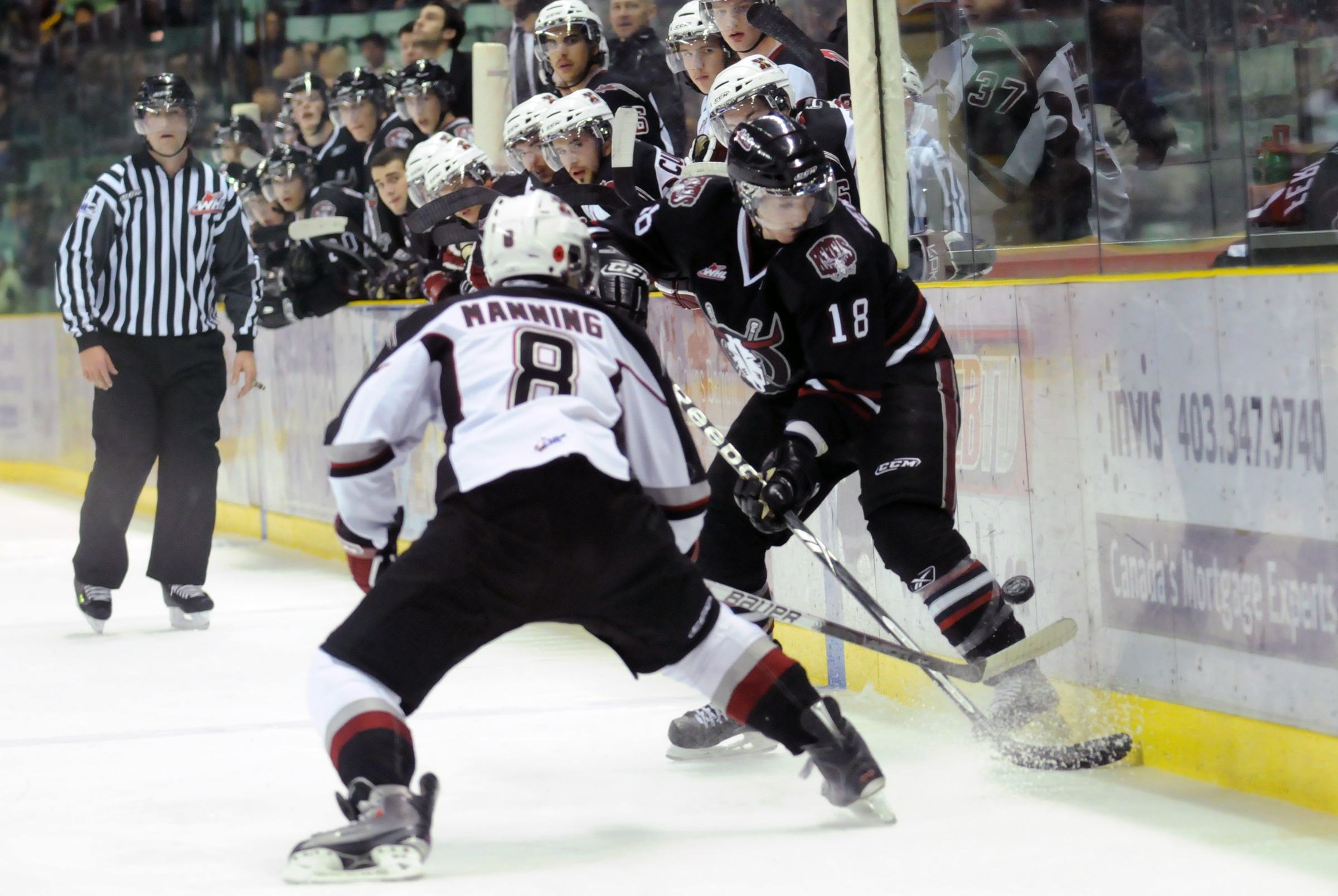 POSSESSION- Red Deer Rebel Brett Ferguson fights for possession of the puck against Neil Manning of Vancouver during WHL action Saturday night at the Centrium. The Rebels won 2-3.