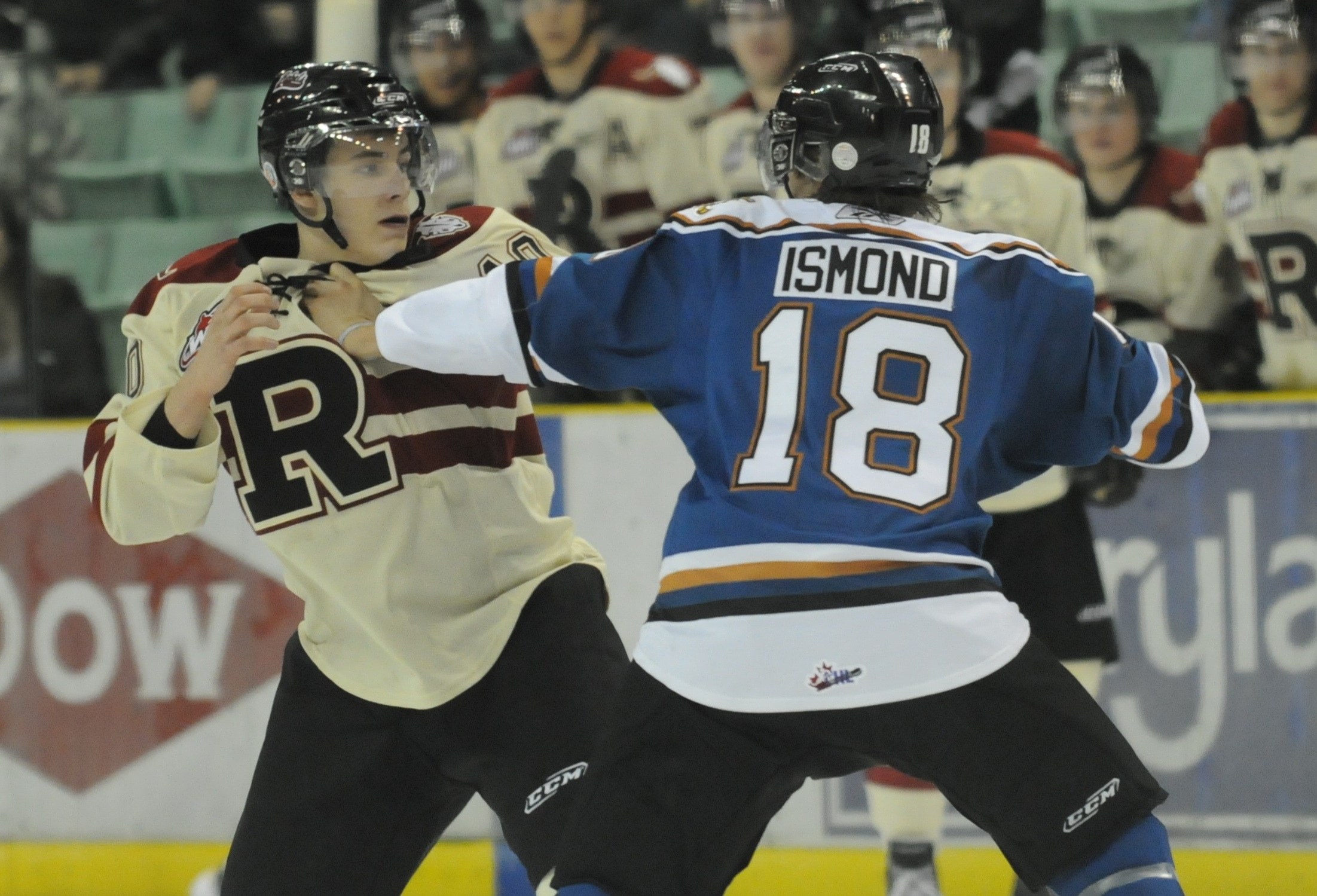 FIST SMASHING-Red Deer Rebel Turner Elson fights with Jesse Ismond of the Kooteny Ice Saturday night during WHL action. The Rebels won 6-4.