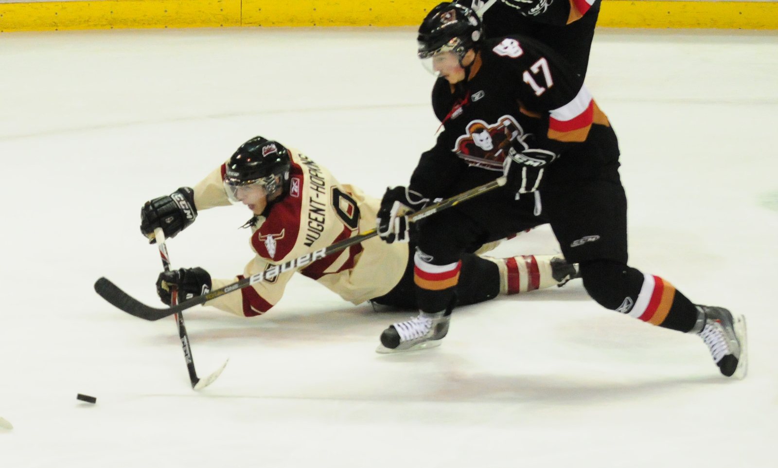 DIVE- Red Deer Rebel Ryan Nugent-Hopkins dives for the puck during WHL action Friday night against the Calgary Hitmen. The Rebels won 4-1.