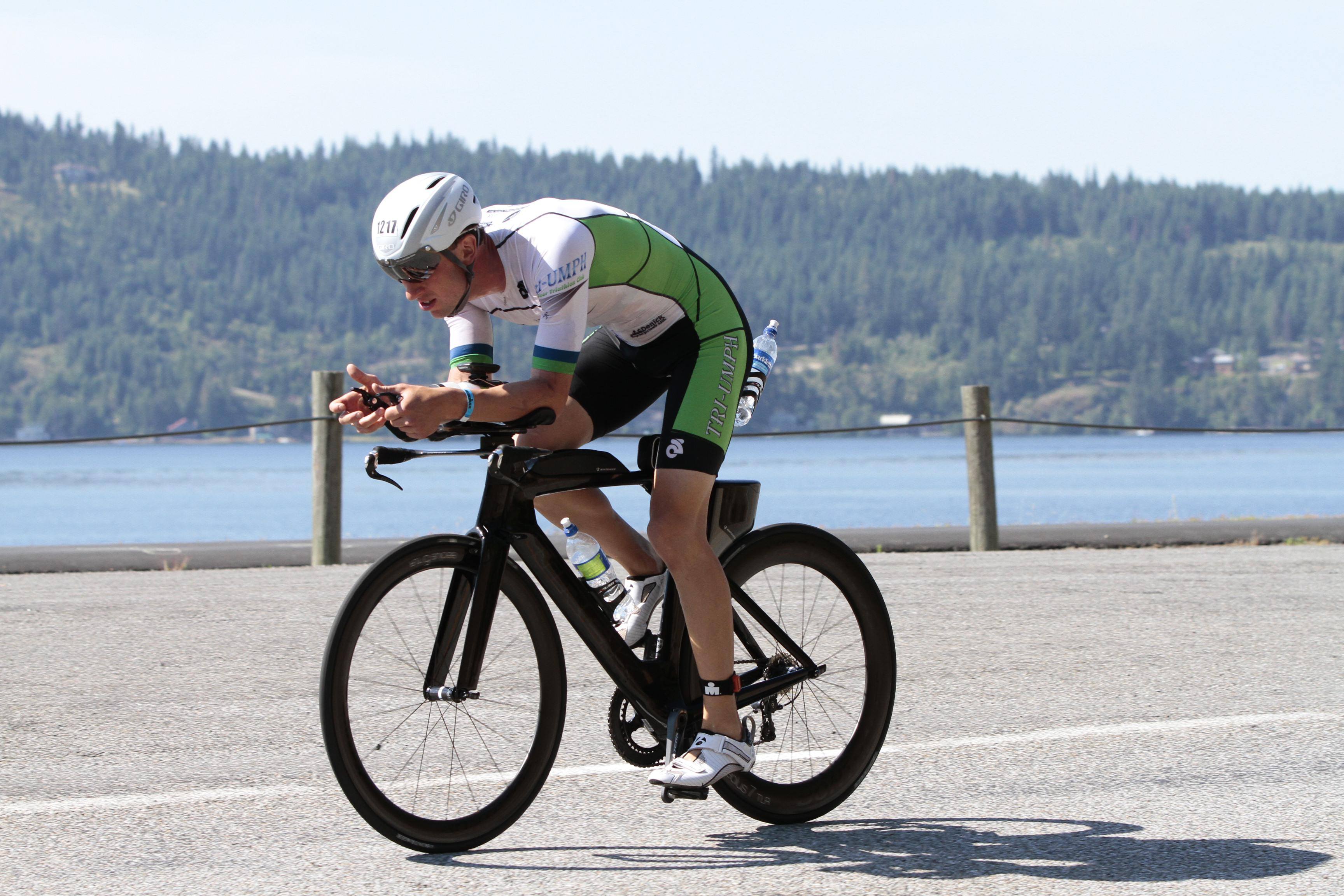 DETERMINATION – Red Deer’s Sheldon Timms is pictured competing in last month’s Ironman in Idaho. He crossed the finish line at nine hours