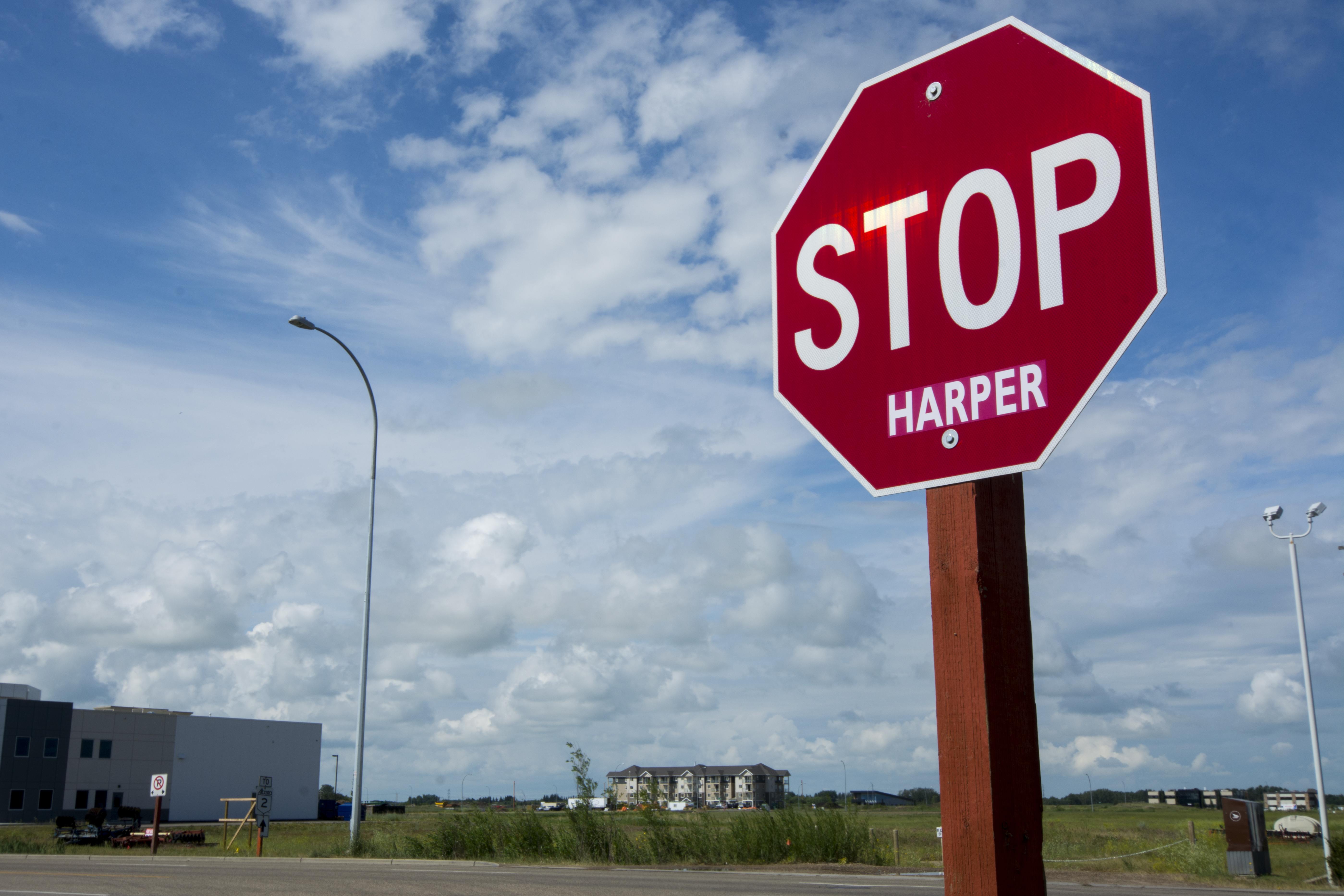 STOP HARPER - #StopHarper stickers have been popping up on ‘Stop’ signs around the City as well as in Red Deer County on Gasoline Alley where this sticker was spotted.