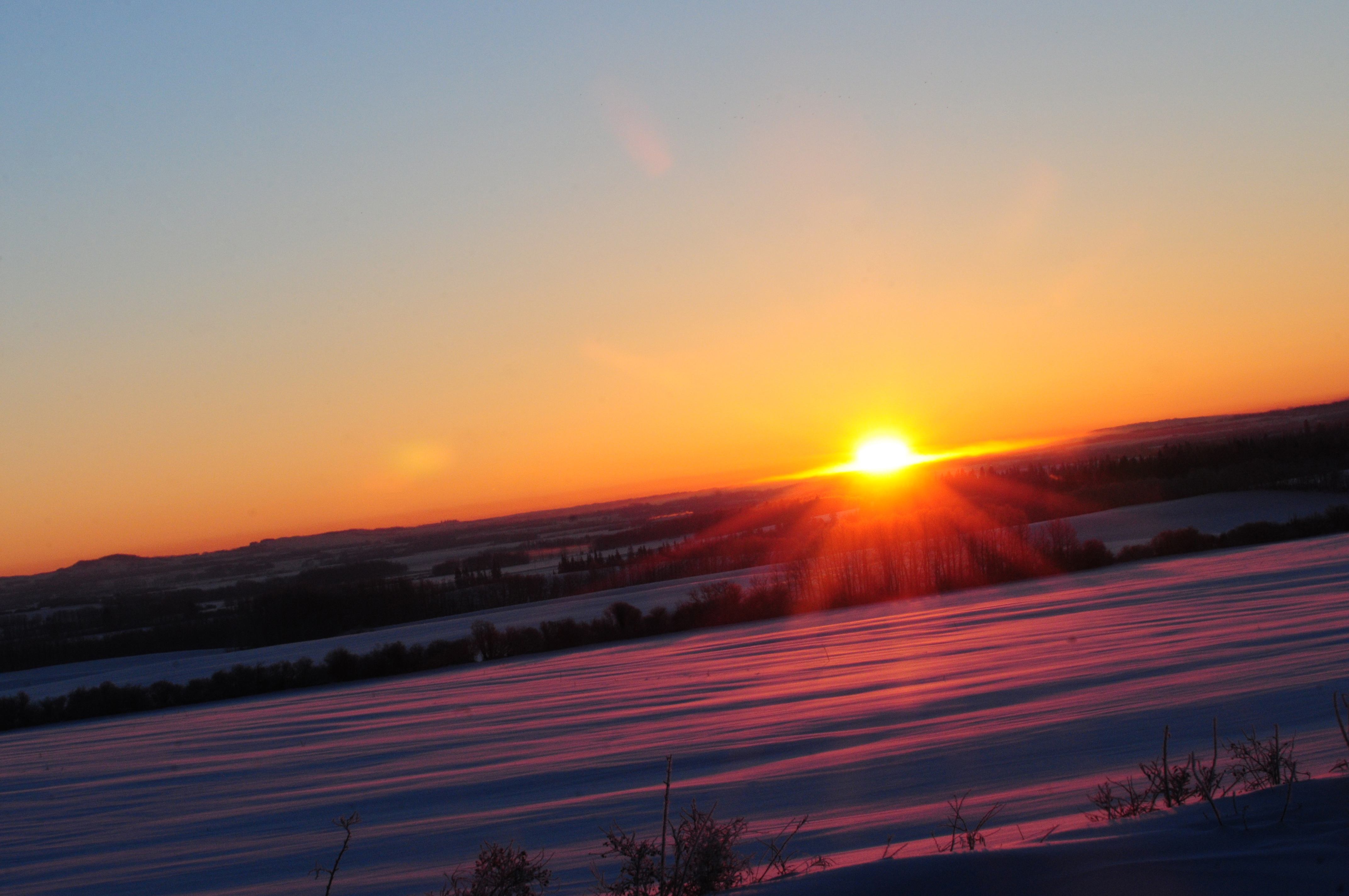 COUNTRY MORNING- Beams of sunlight colour the snow pink as the sun begins to shine over the horizon recently in the Red Deer county area.