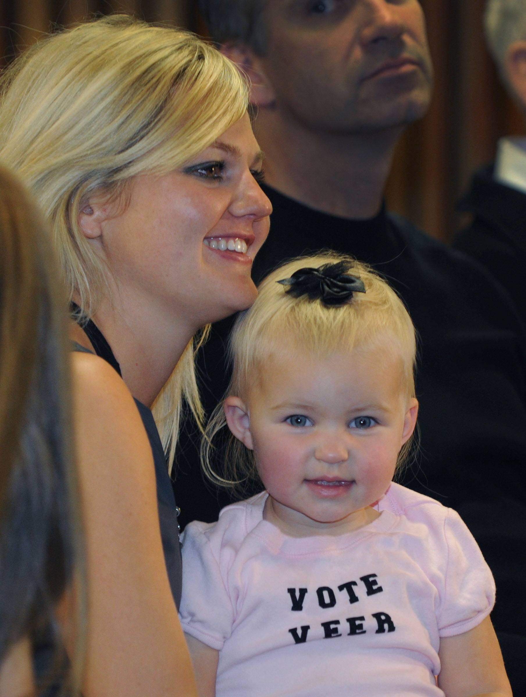 TOP SUPPORTER-One-year-old Olivia Gulbransen sports a 'Vote Veer' t-shirt while hanging out with her aunt Tara Veer during the election Monday night. Veer received 10