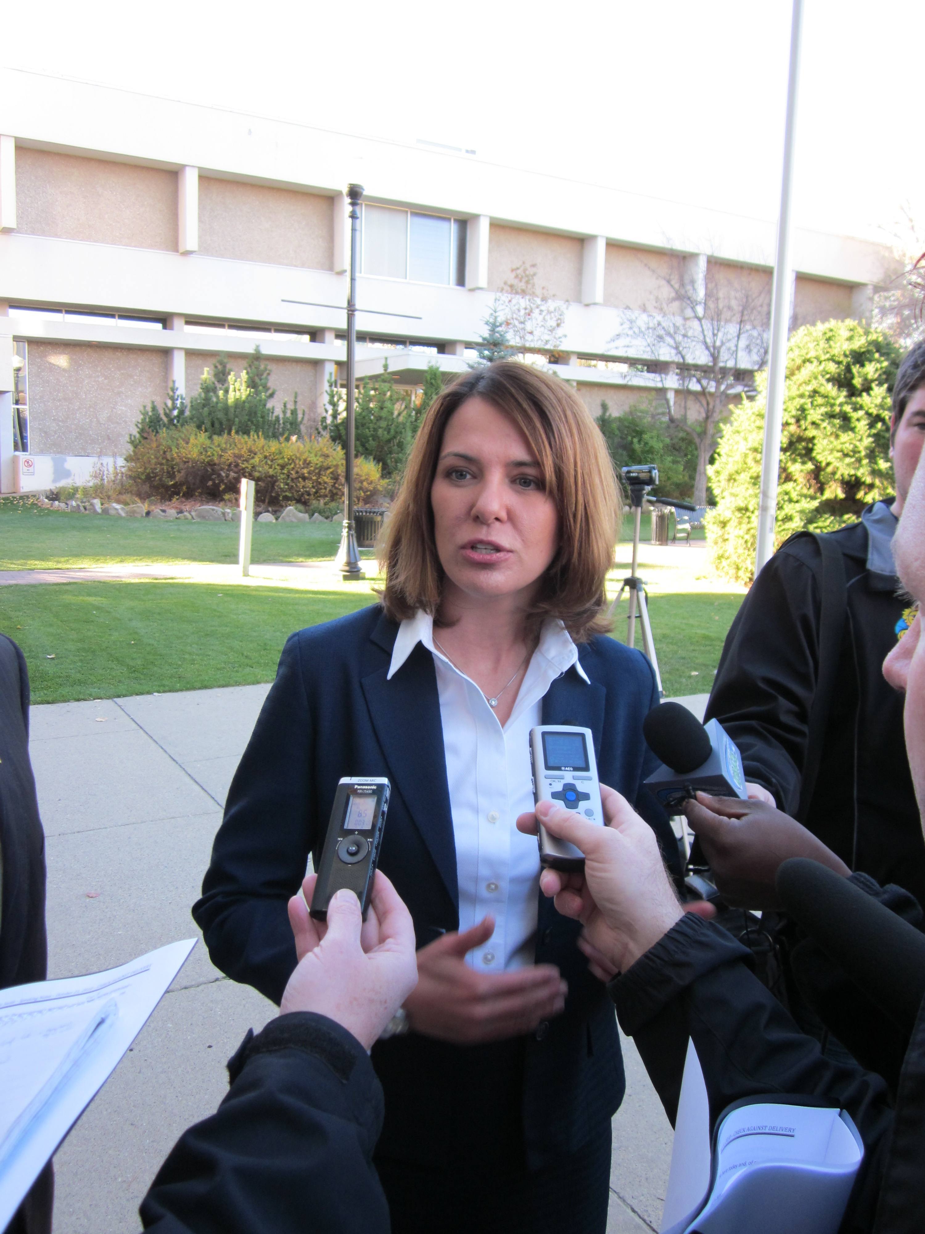 ANNOUNCEMENT- Wildrose Alliance leader Danielle Smith shares her party’s newly-released infrastructure policy in front of Red Deer’s City Hall Thursday.