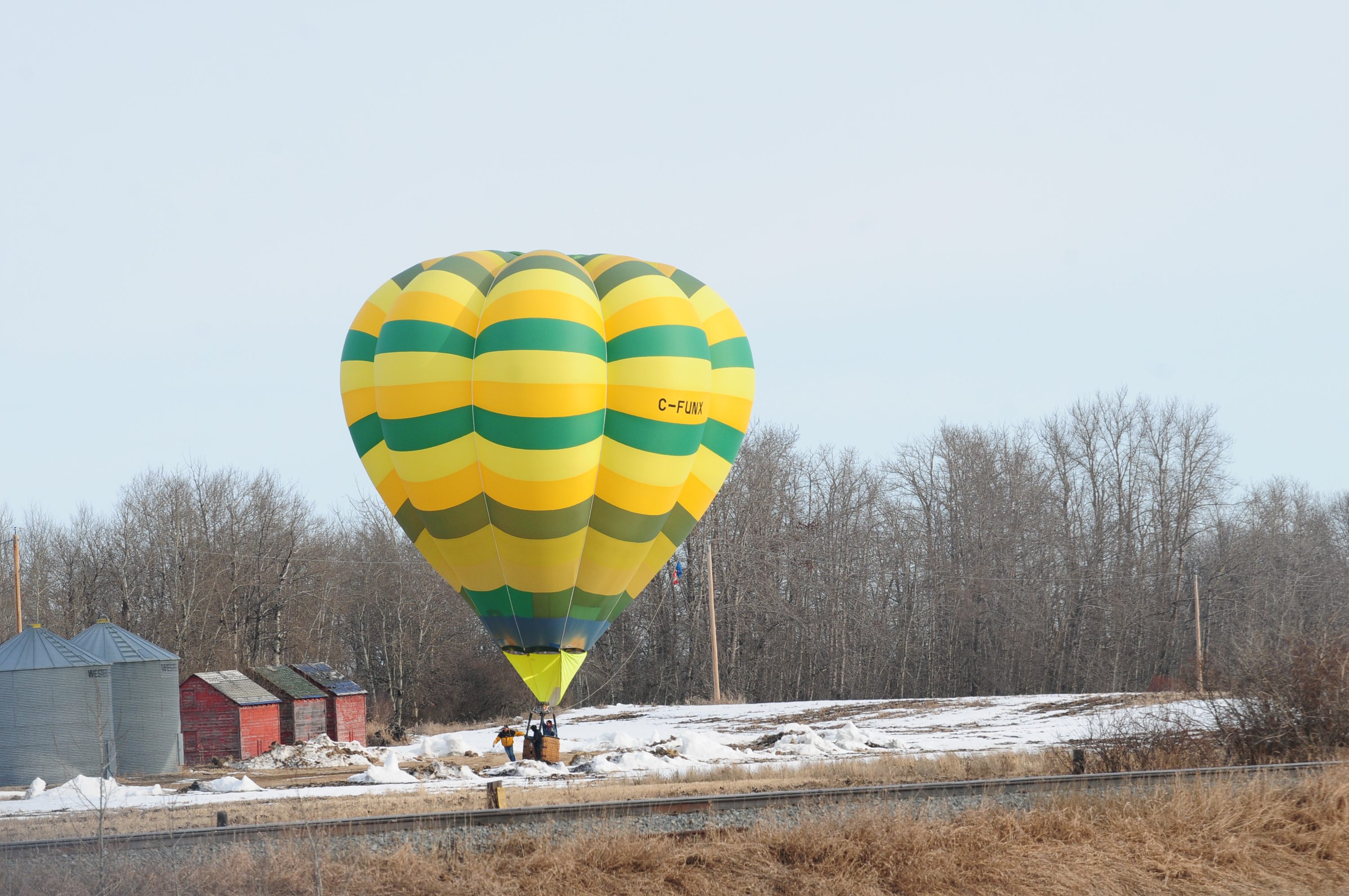 LANDING- A hot air balloon lands in a field and prepares to deflate after a morning of floating above the City.