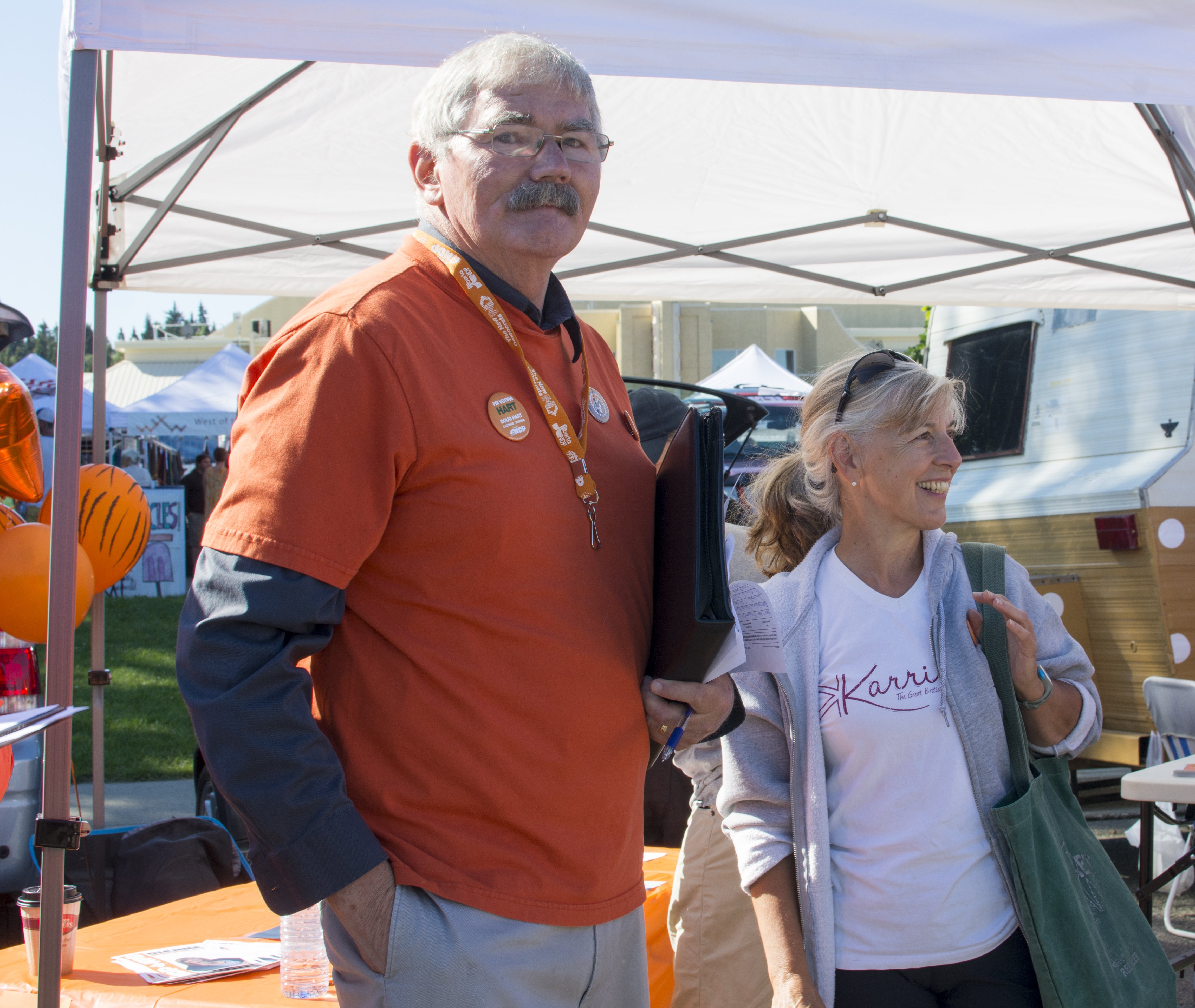 CAMPAIGNING – Doug Hart visits with local constituents at the Red Deer Farmers’ Market this past weekend. He is seeking the NDP nomination for Red Deer-Lacombe.