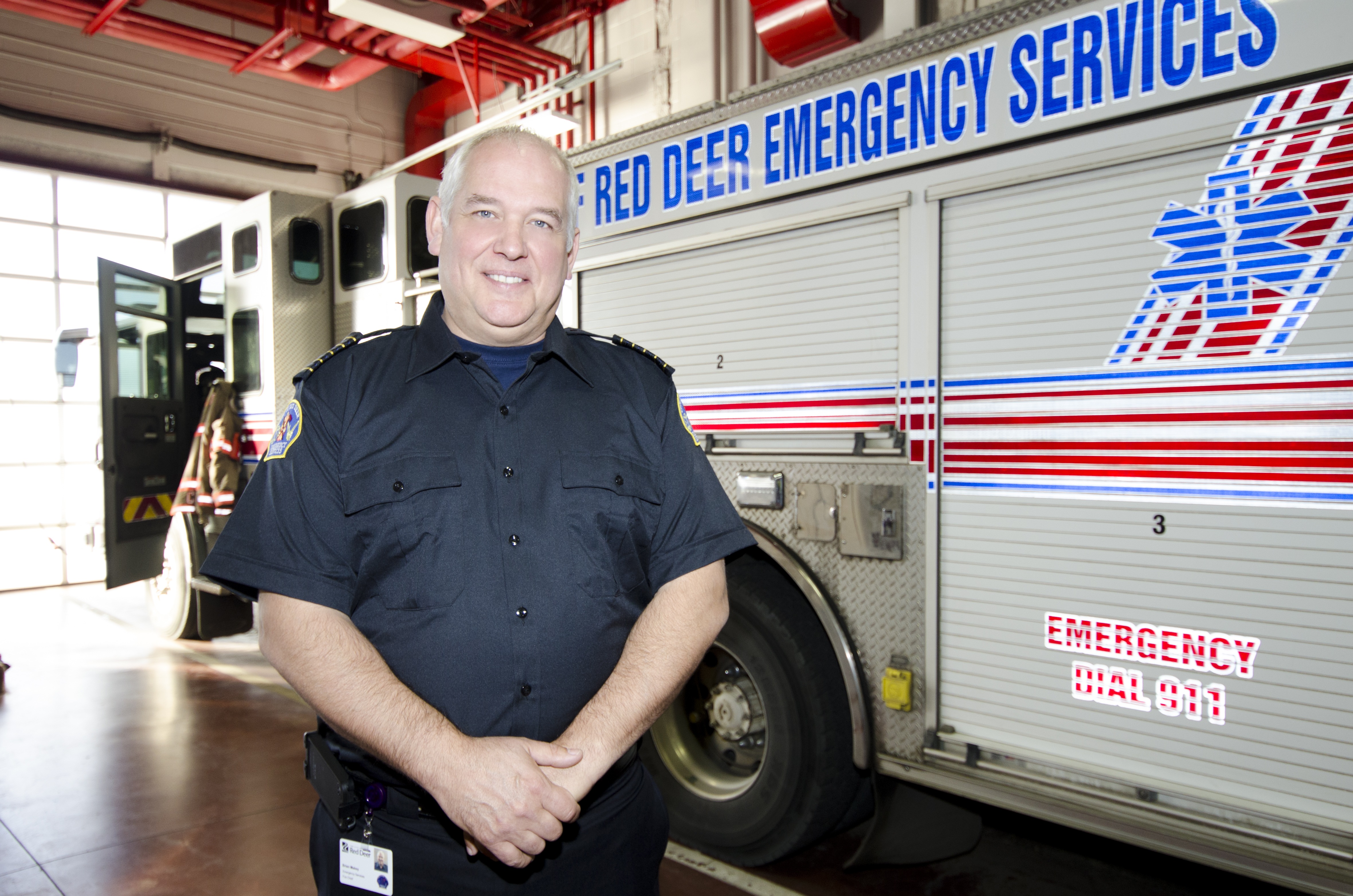 NEW POST – Red Deer Fire Chief Brian Makey stands in front of a fire engine at the 32nd St. station. Makey began his new position as the City’s fire chief last week.