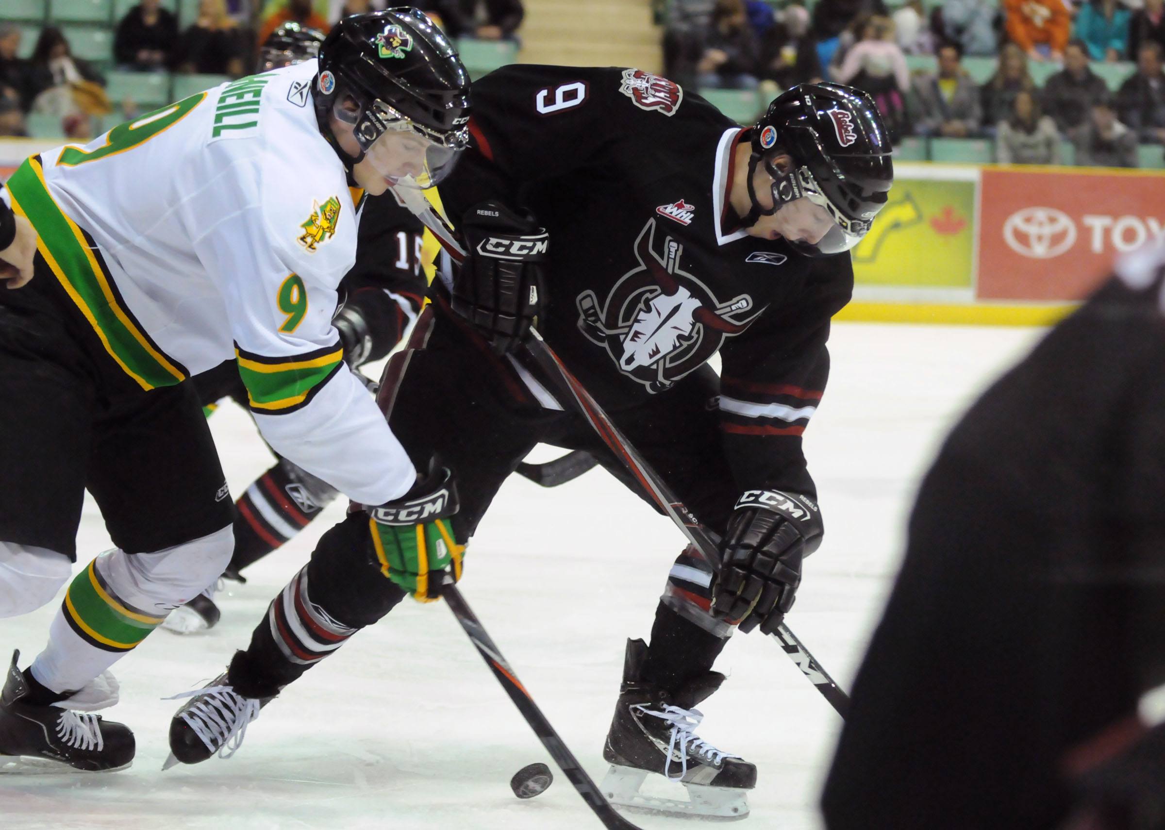 POSSESSION- Red Deer Rebel Ryan Nugent-Hopkins fights for possession against Prince Albert Raider Mark McNeill during Friday night WHL action. The Rebels won 3-0.