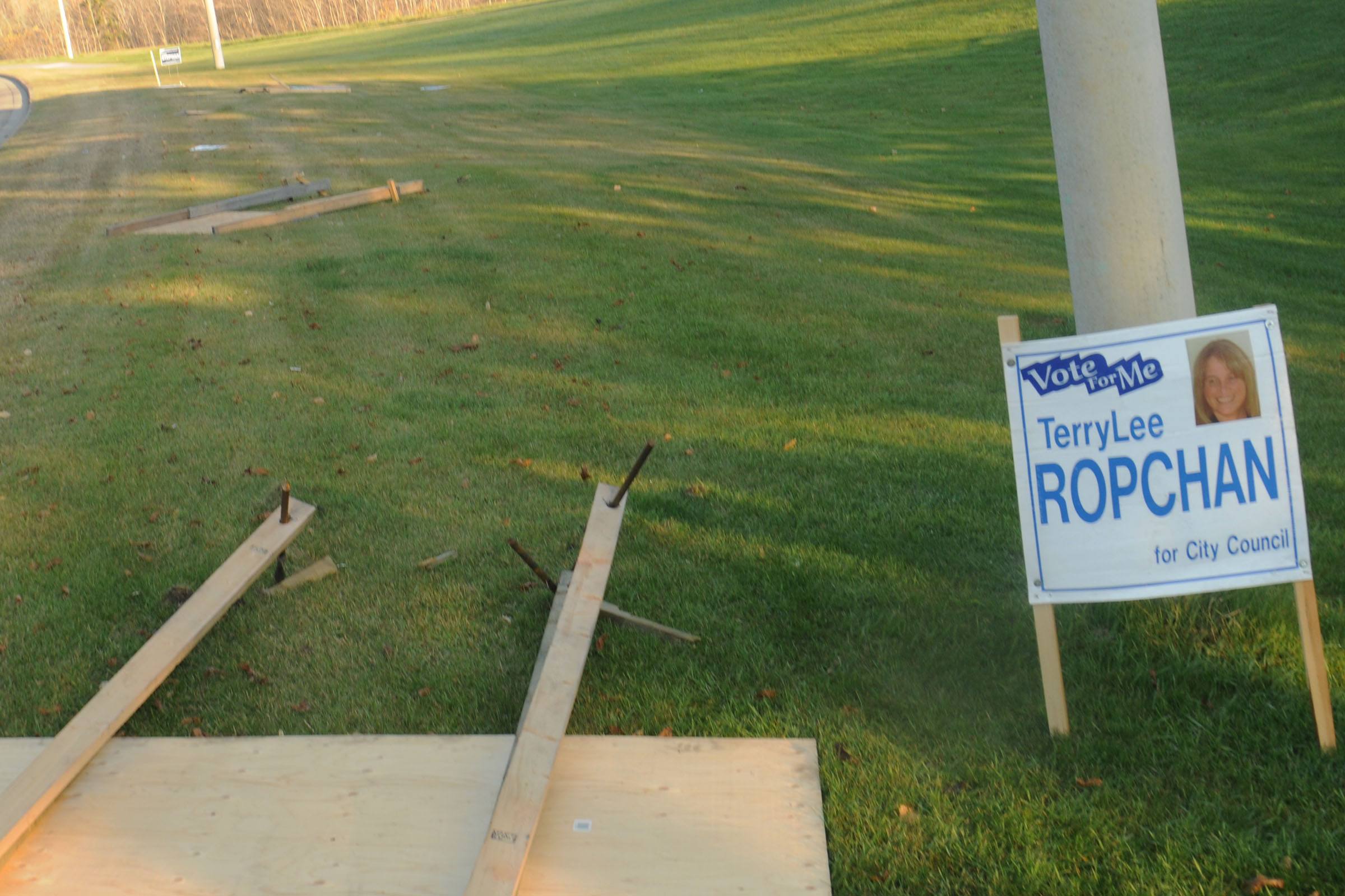 SIGN VANDALS- Election signs along Taylor Dr. in Red Deer were left smashed early Friday morning after someone went on a vandalism spree. Red Deer city RCMP Cpl. Kathe DeHeer said the signs create an easy opportunity for vandals and it continues to be an ongoing problem.