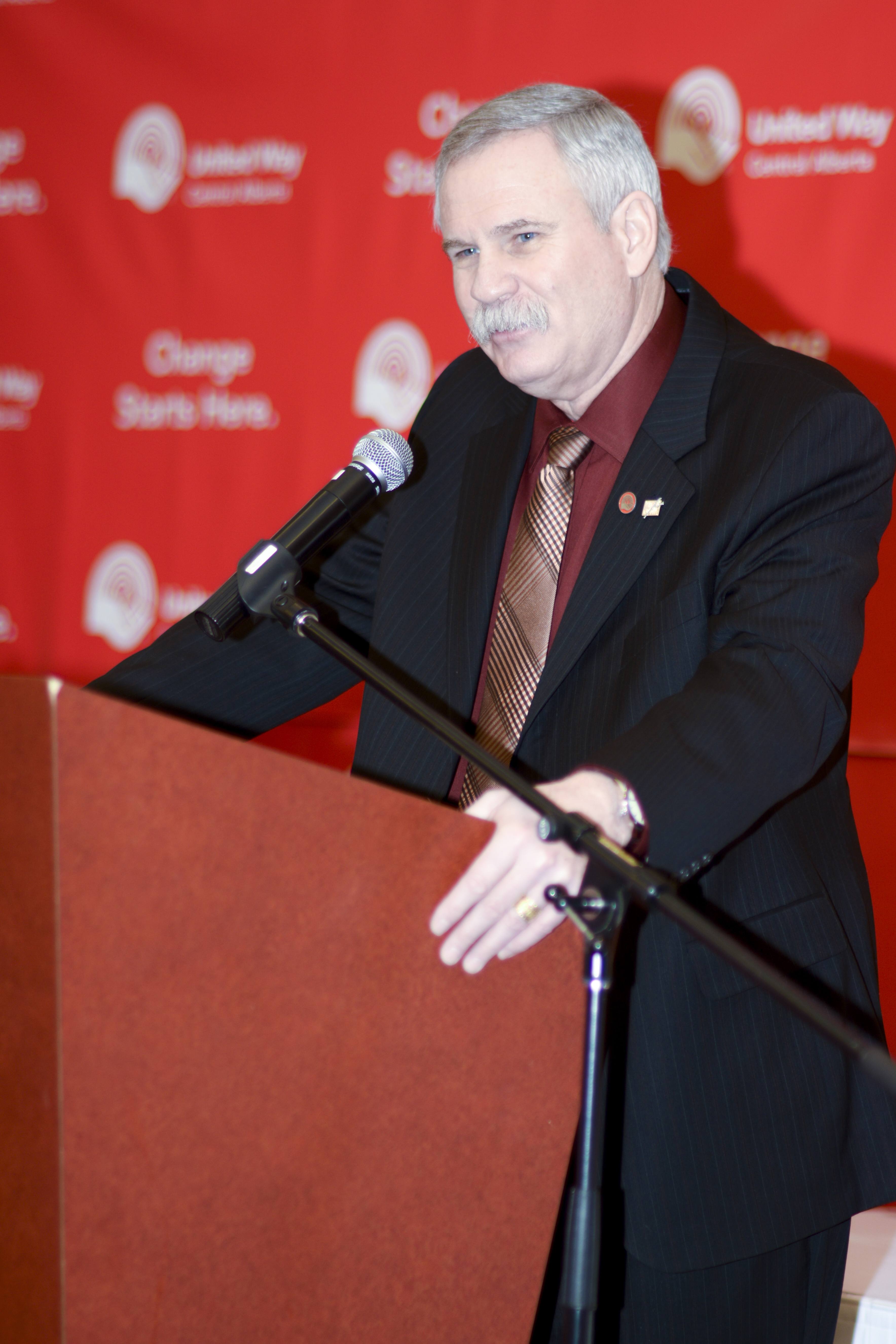 MILESTONE MADE – City councilor and United Way Volunteer Campaign Co-Chair Buck Buchanan thanks a crowd of supporters at the IHotel last week after the announcement that the United Way had raised over $2.2 million in their ‘Superheroes for Change” campaign.