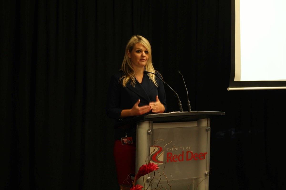 UPDATE - Mayor Tara Veer gives a 2019 Canada Winter Games update to the community on Friday. Emily Rogers/Red Deer Express